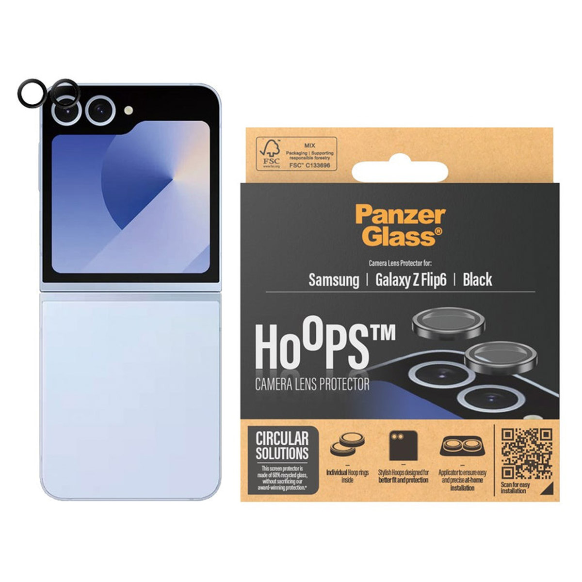 Scatola con protezioni per lenti della fotocamera, un telefono e anelli protettivi. Marchio 'PanzerGlass'.