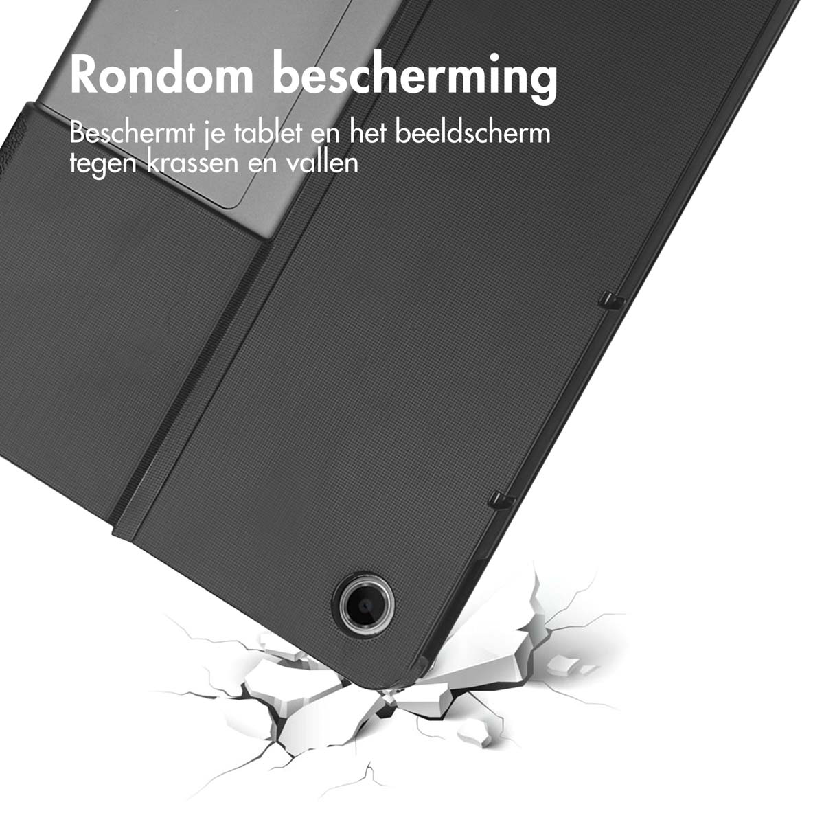 A black tablet case with text, shown angled, cracking the ground below.