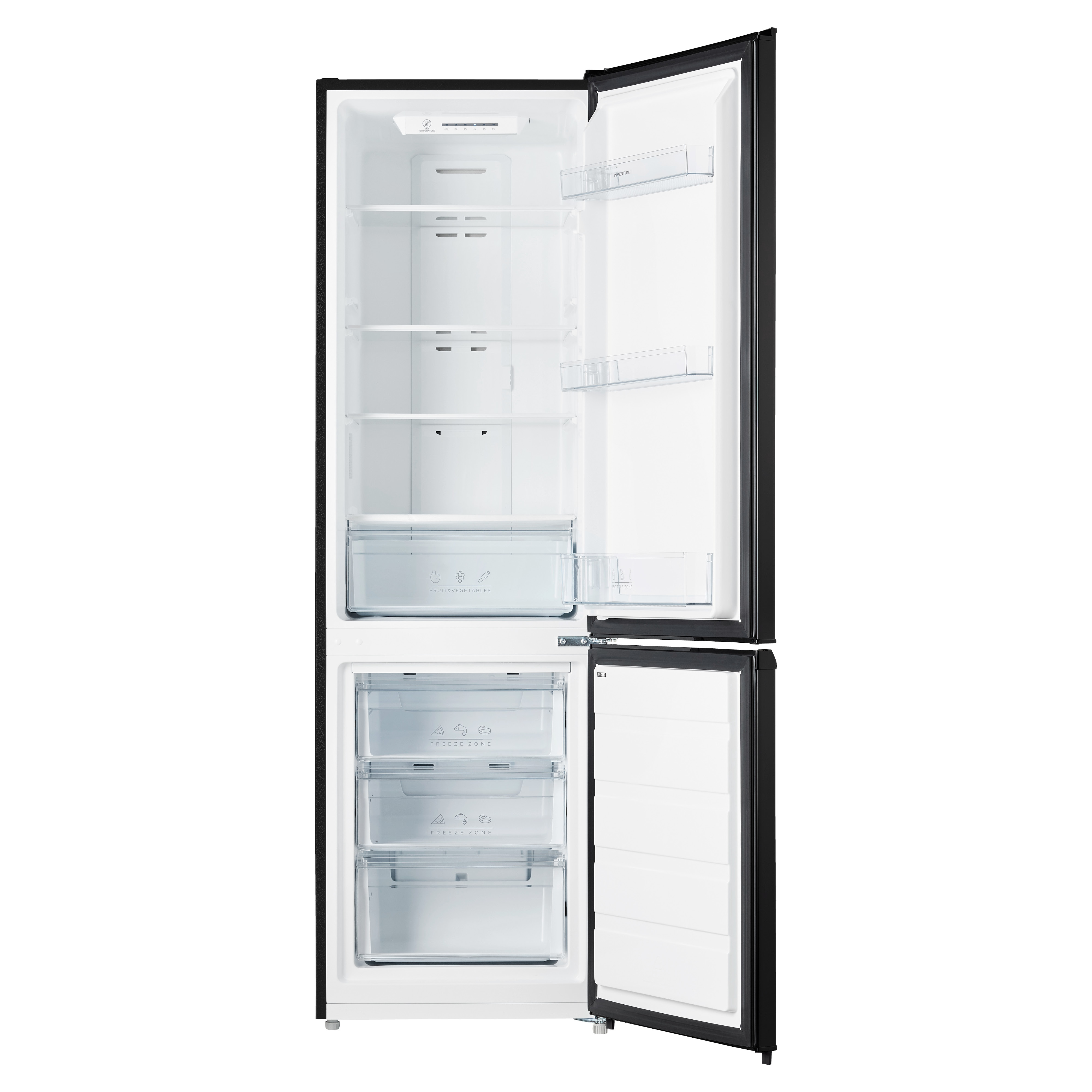 Black refrigerator with the doors open. Shows the interior with shelves and drawers.
