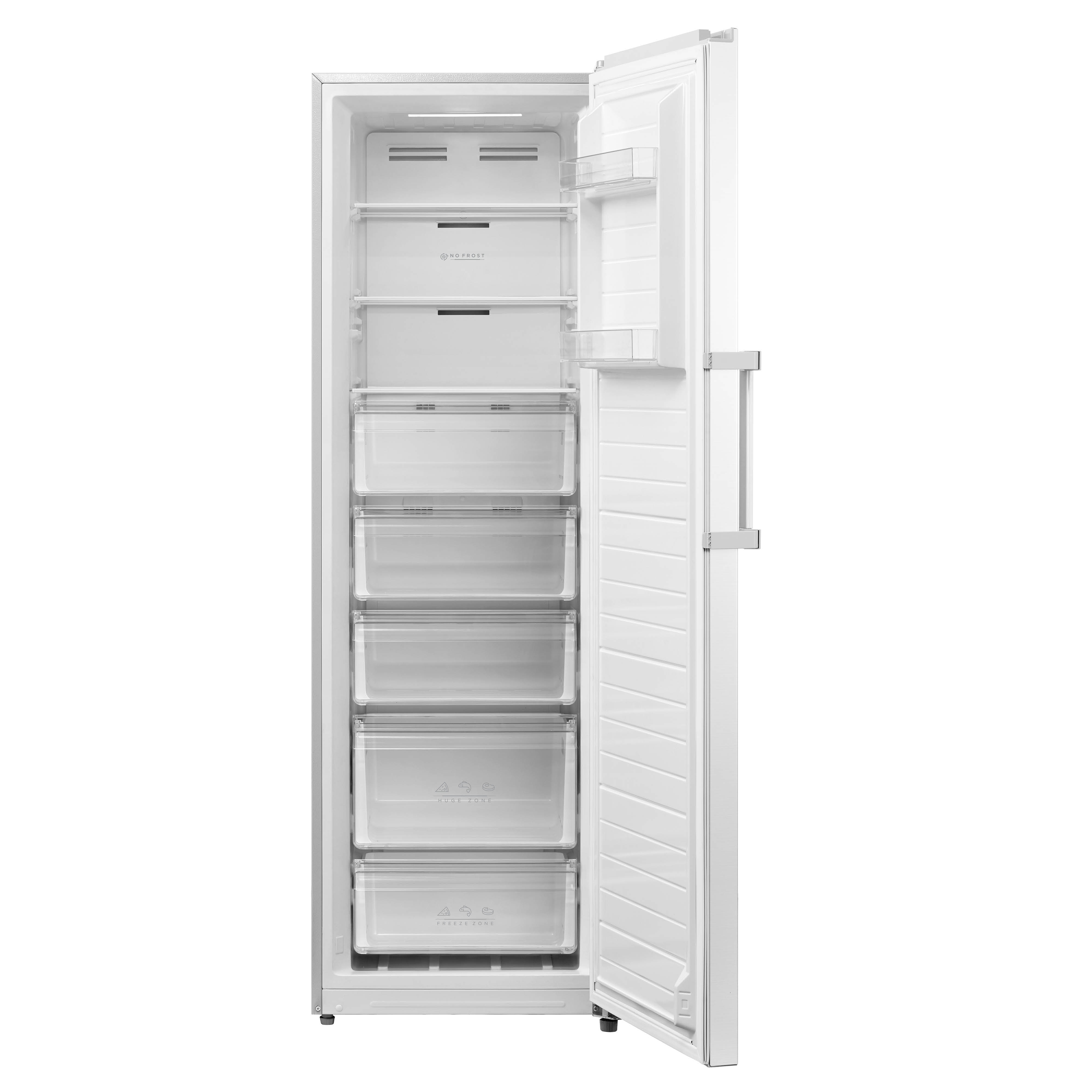 White refrigerator with open door, shelves, and drawers visible inside.
