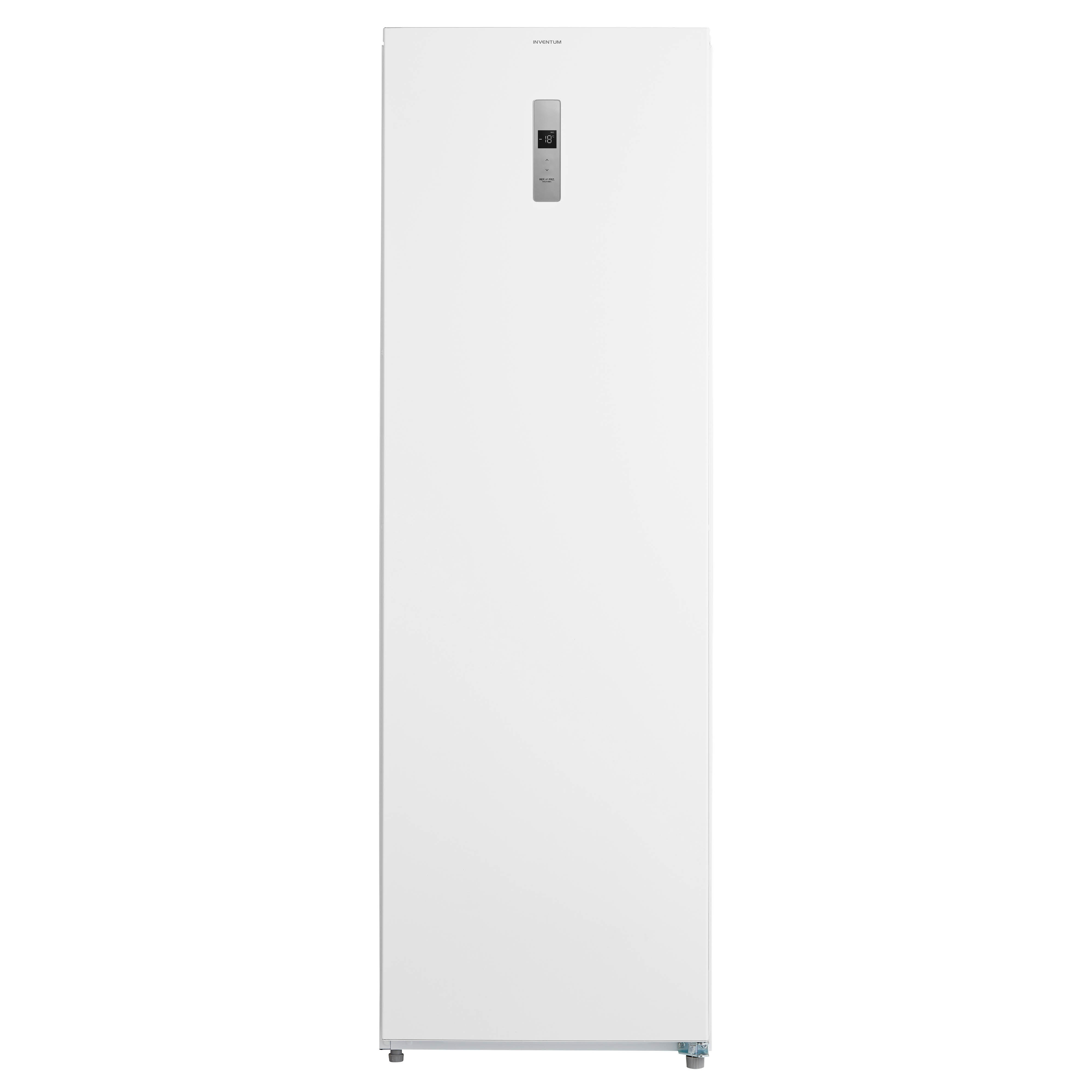 A white refrigerator with a digital display, on a white background.