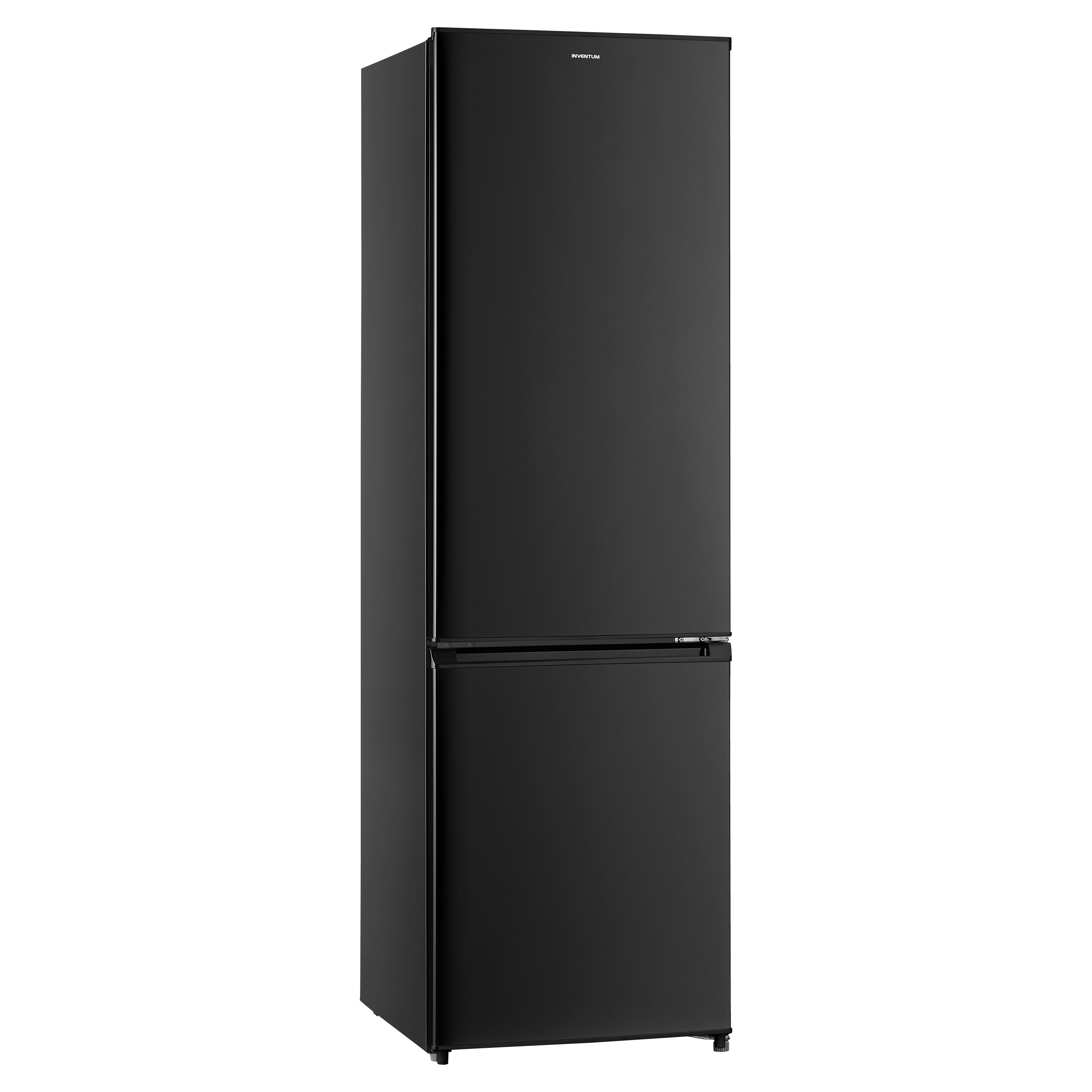 A tall, black refrigerator with two doors. It stands upright against a white background.
