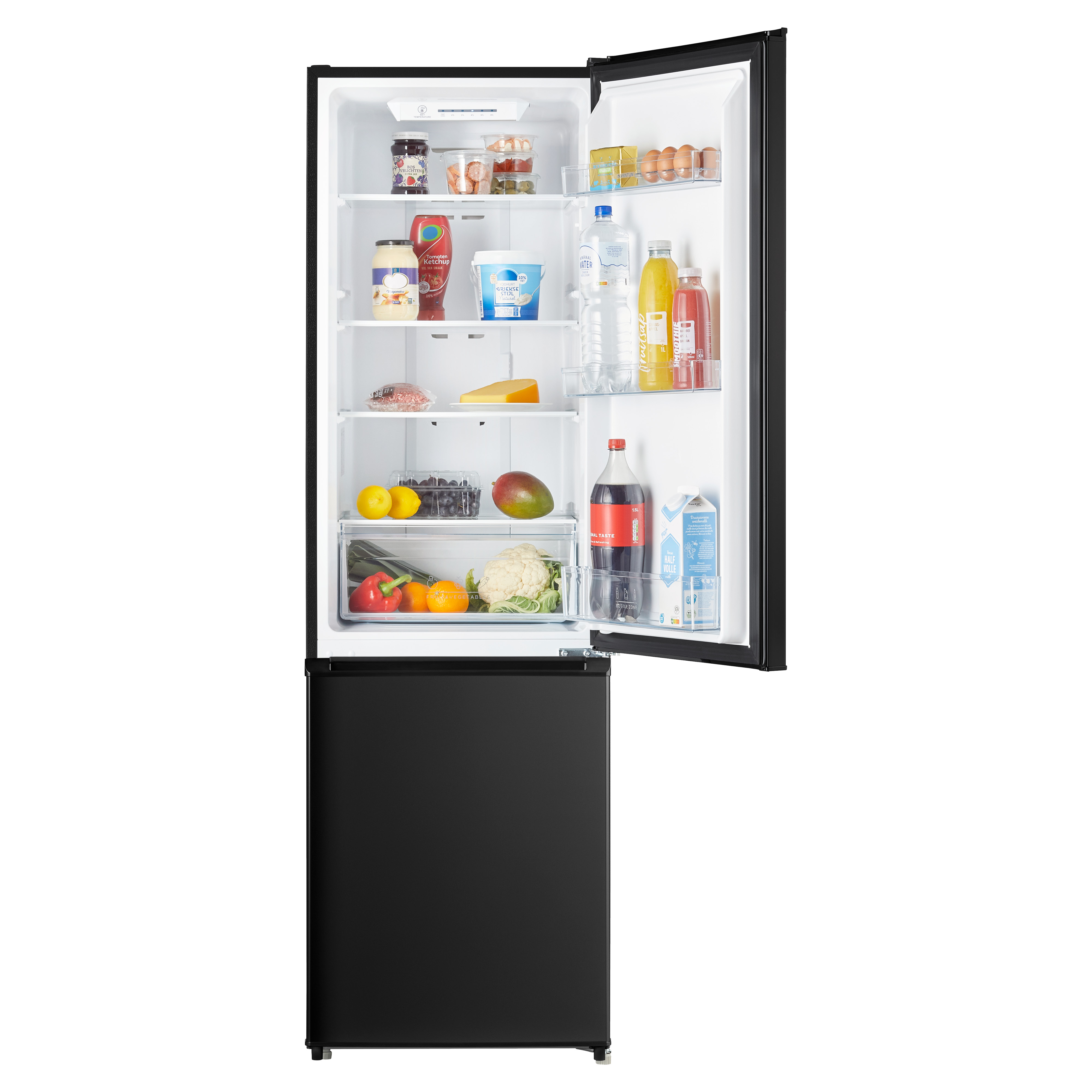 Black refrigerator, door open, revealing shelves stocked with food items and drinks.