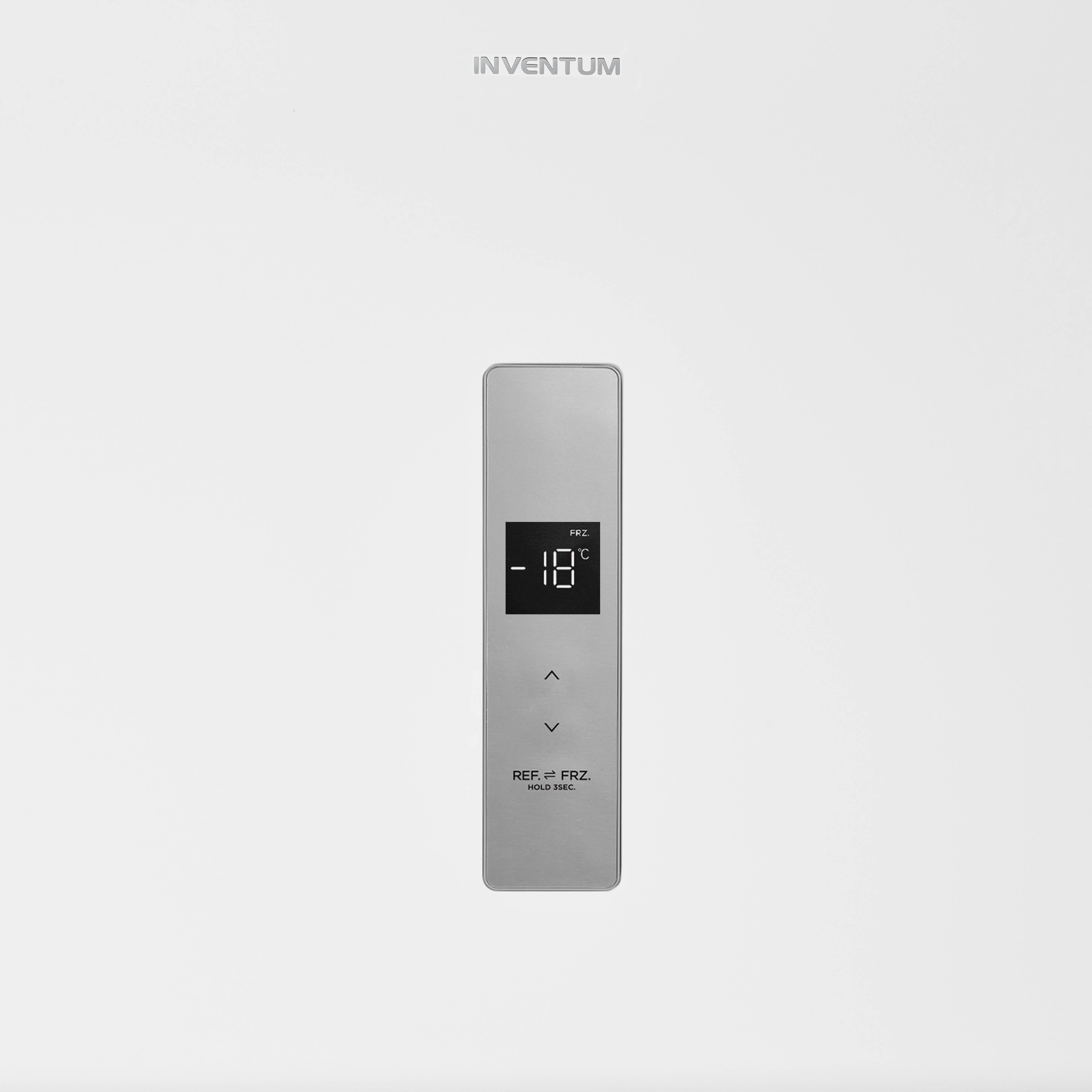 A silver refrigerator control panel displays -18°C. Up and down arrows are present.