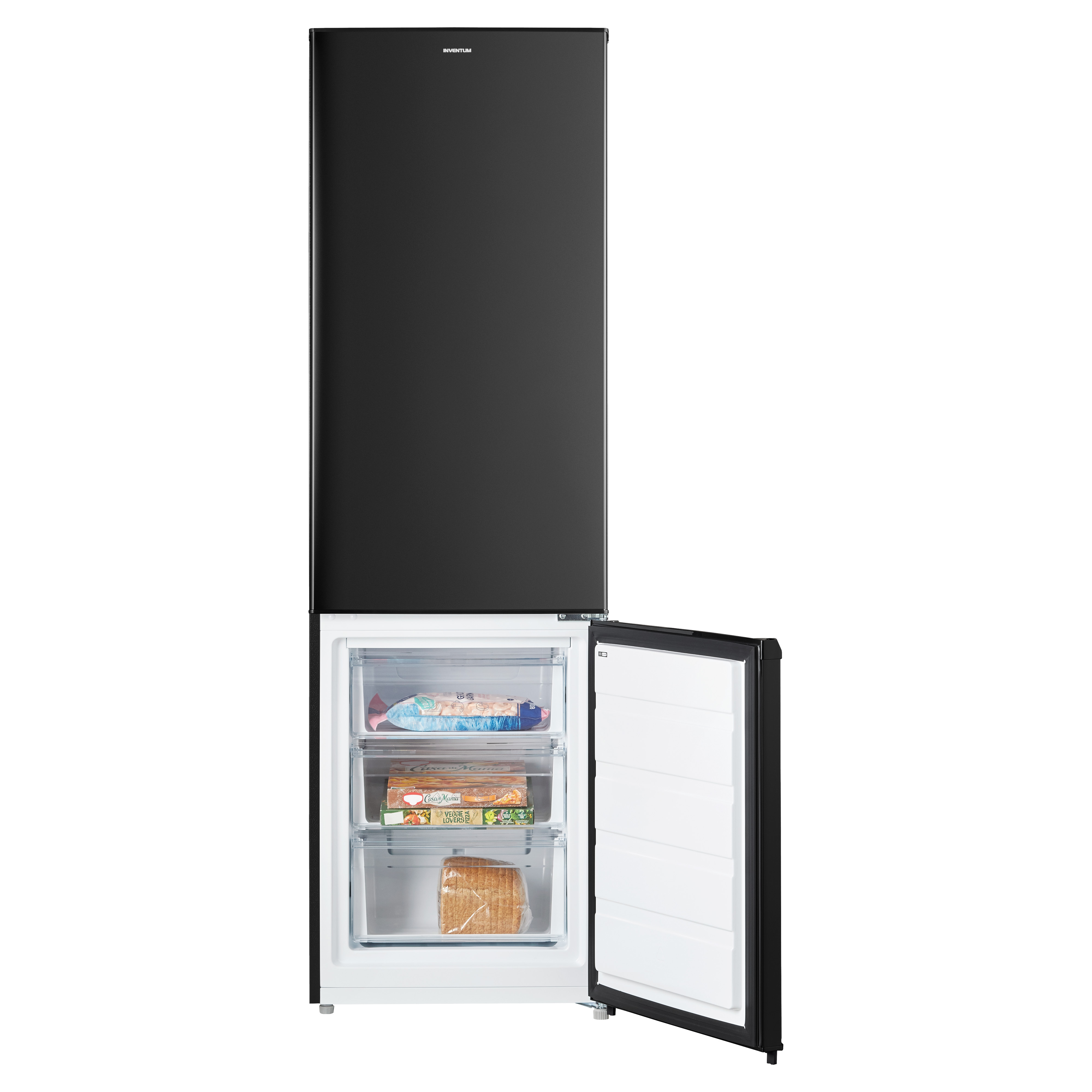 Black refrigerator, bottom freezer, with drawers open, containing food items.