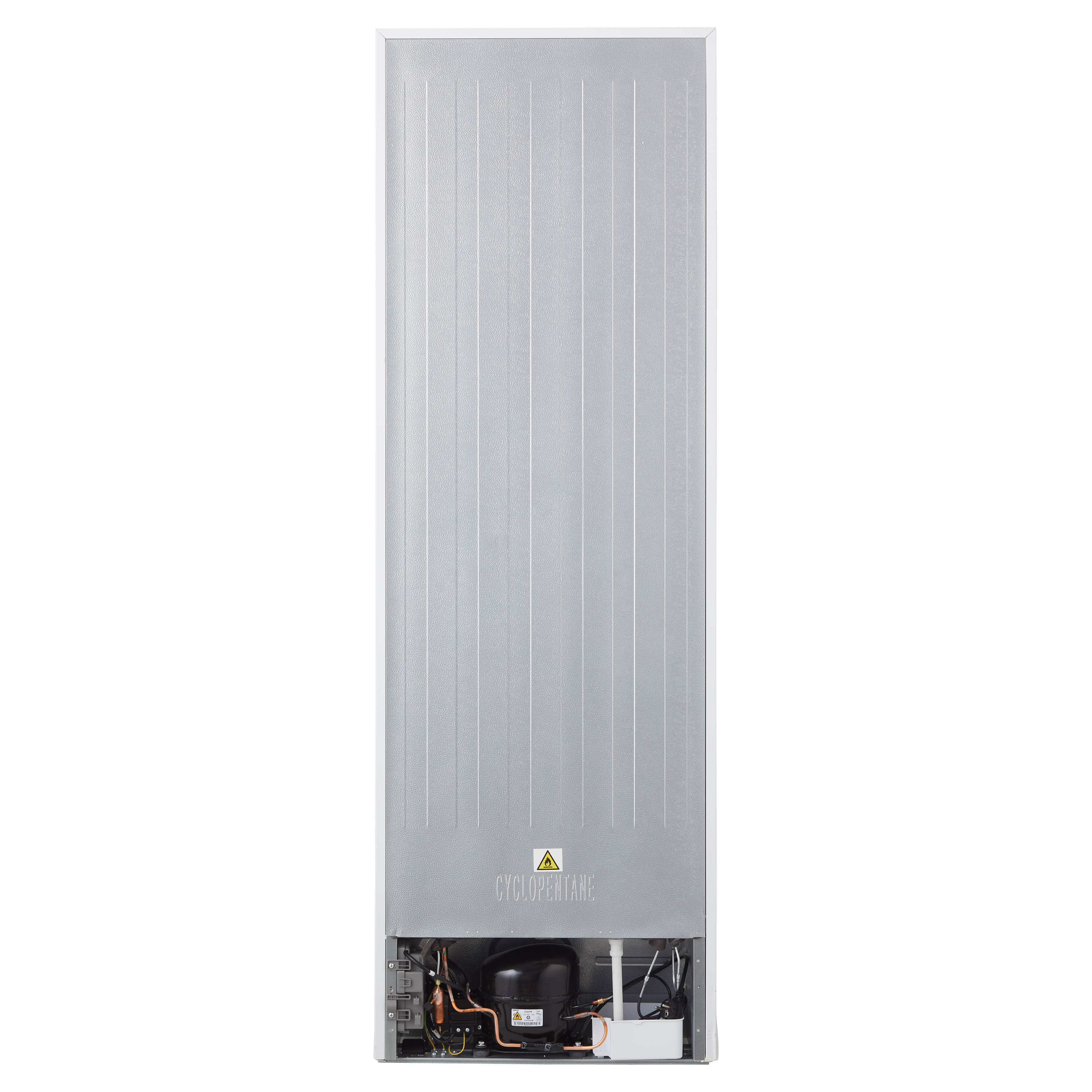 Back of a white refrigerator with a metallic gray back panel and black lower part.