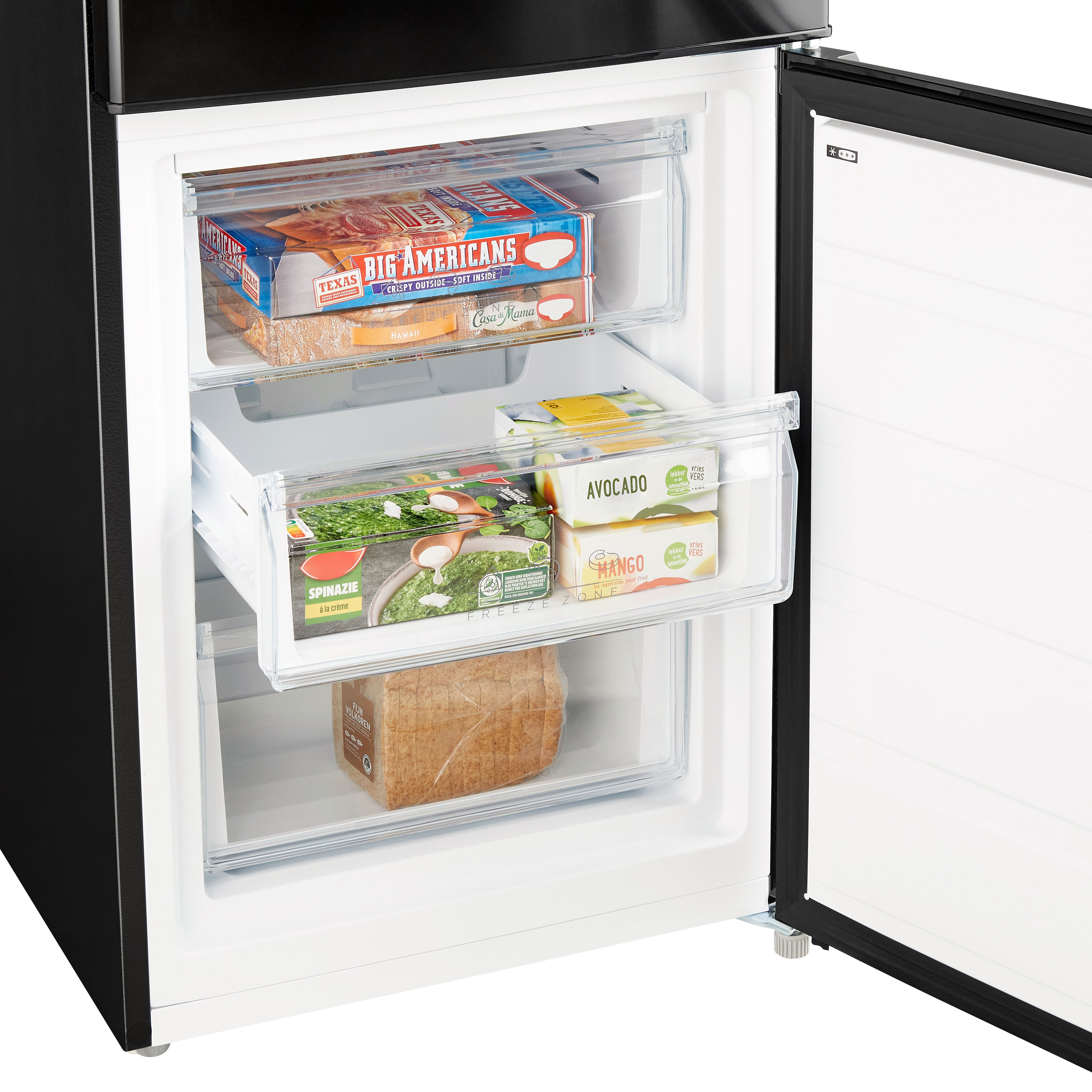Interior of a freezer showing frozen food items in drawers, including pizza and vegetables.
