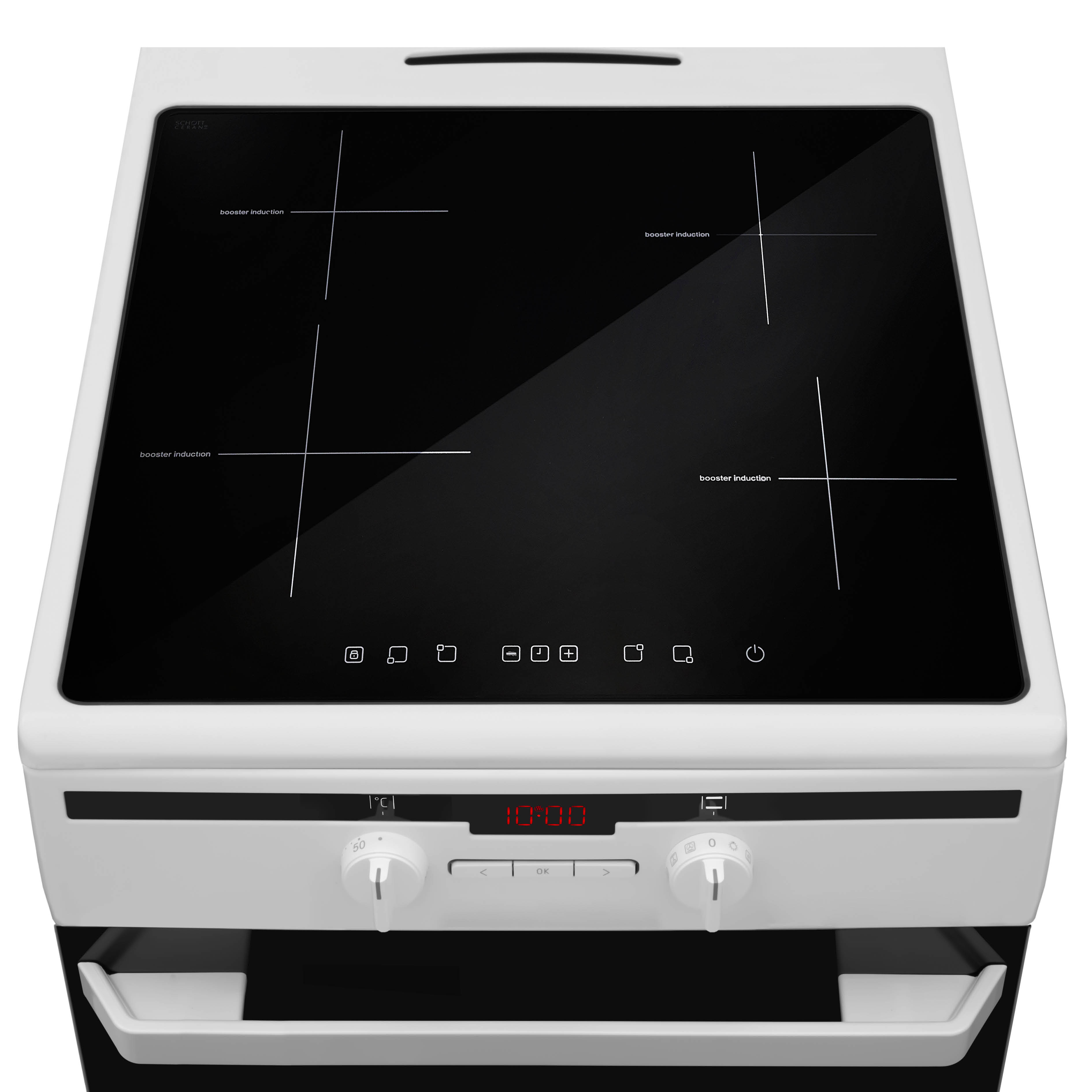 Zwart-wit inductiekookplaat met digitale display en bedieningsknoppen.