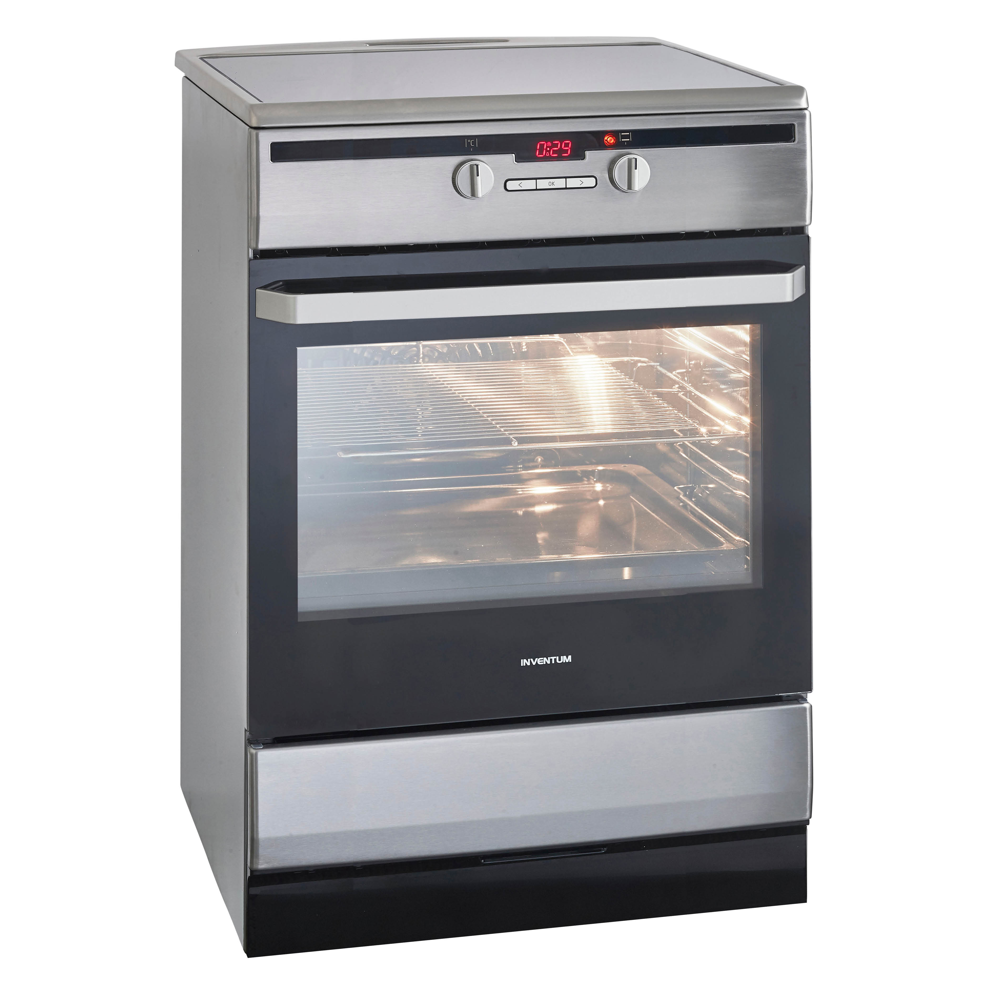 Roestvrijstalen oven met een zwarte deur en een digitaal display. Het ovenlicht is aan.