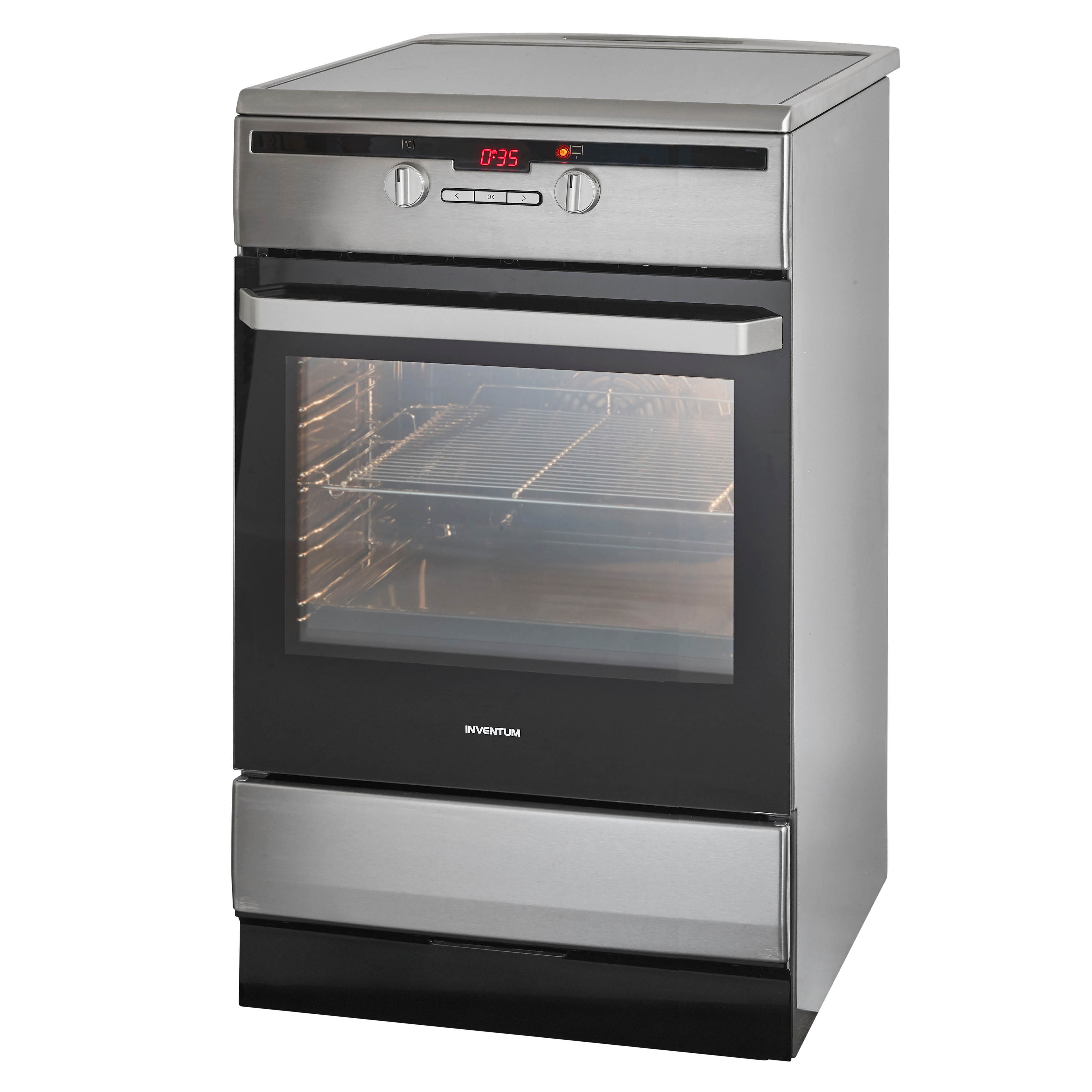 Roestvrijstalen oven met digitaal display en open deur.
