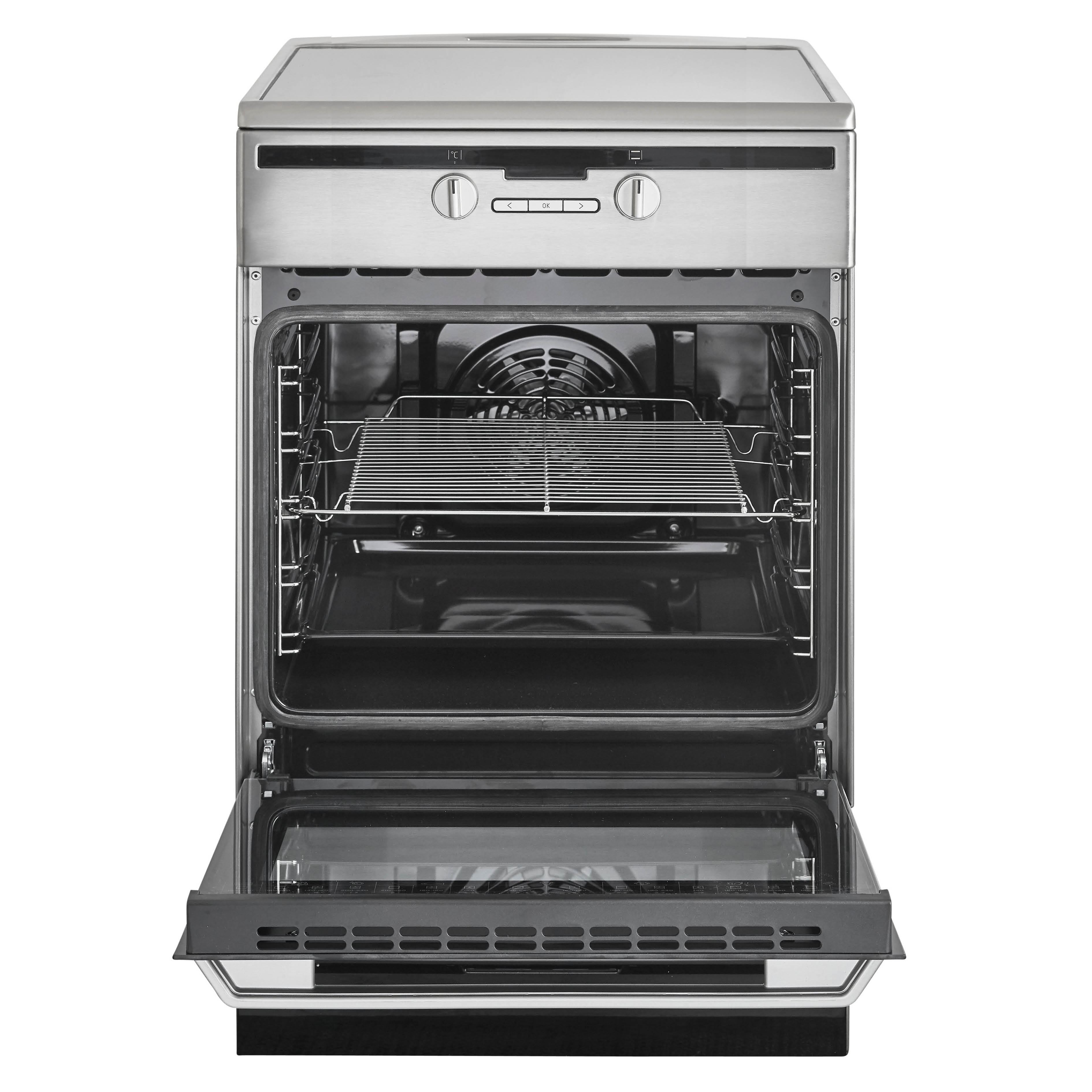 Roestvrijstalen oven, deur open, met een rek binnenin.