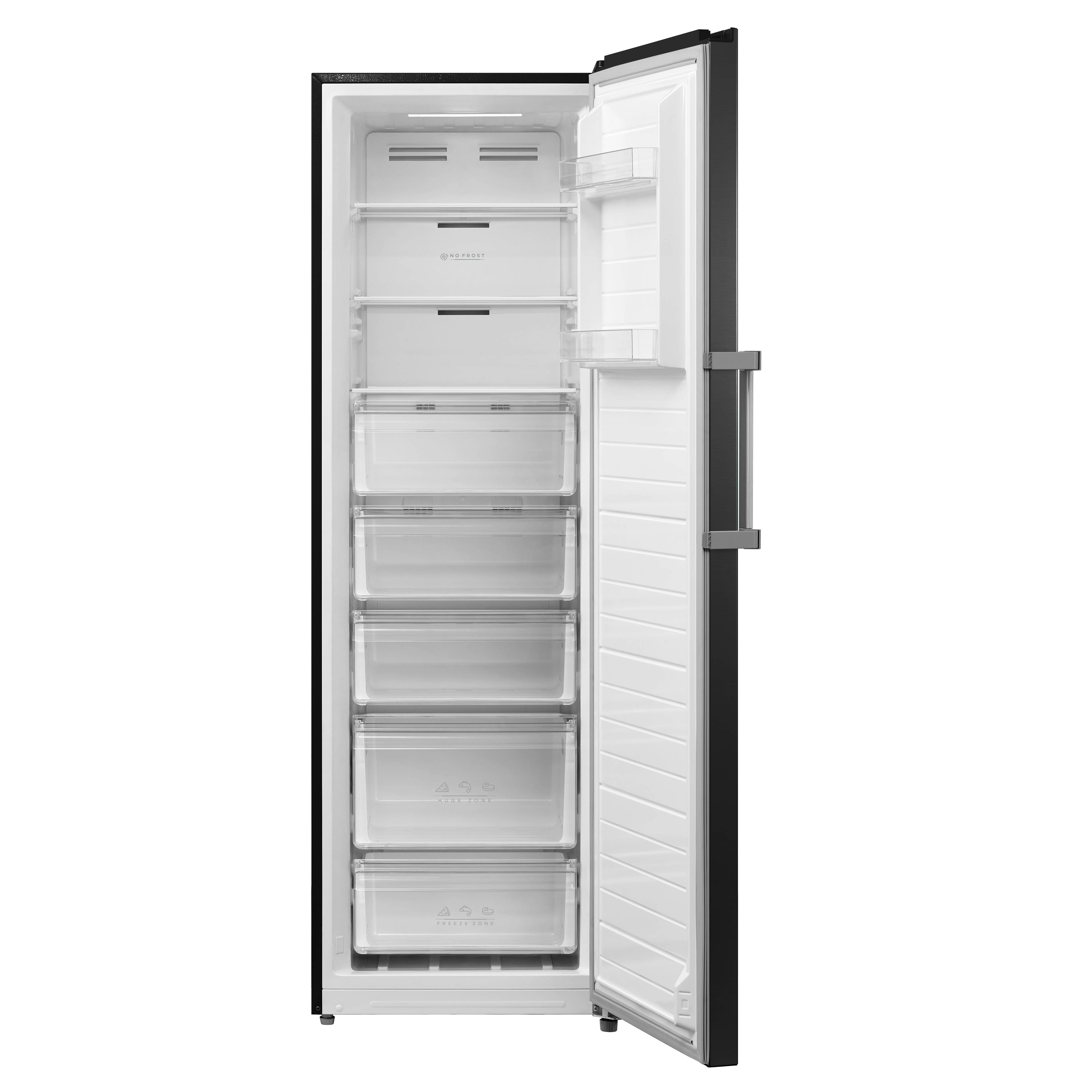 A tall black freezer with the door open, showing shelves and drawers inside.