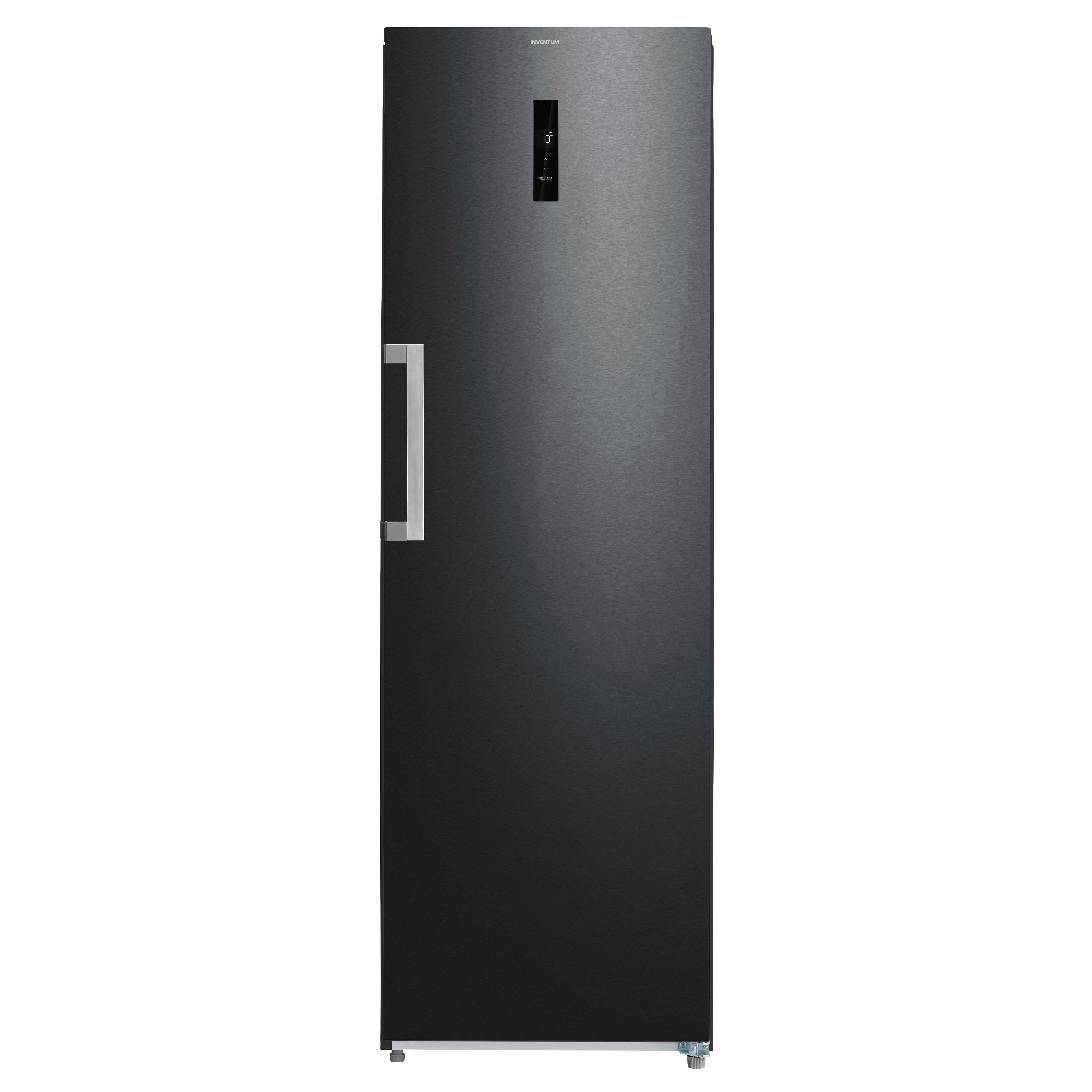 Black freezer. Silver handle. Digital display at the top.