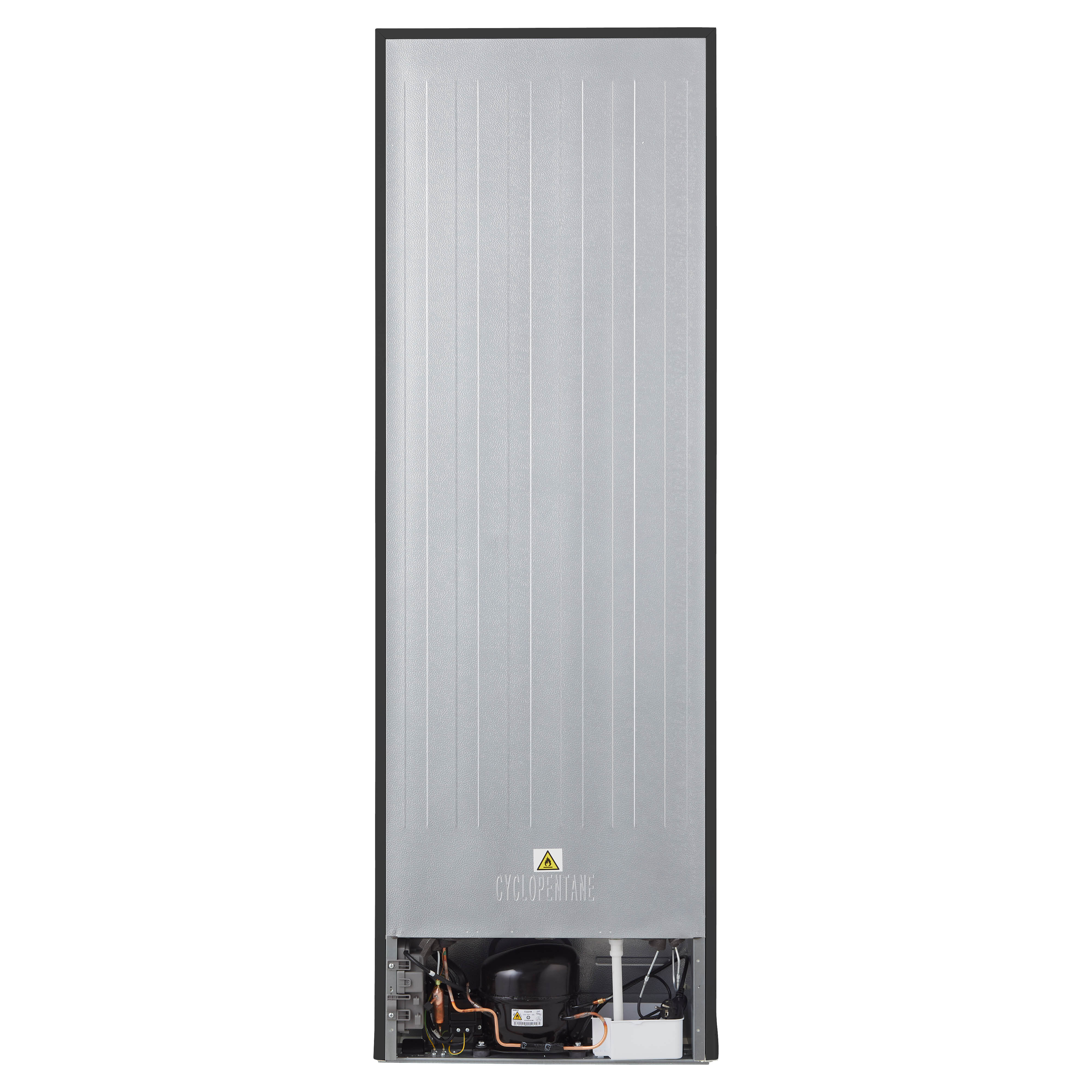 The back of a white refrigerator with a black lower section. Back is metal.