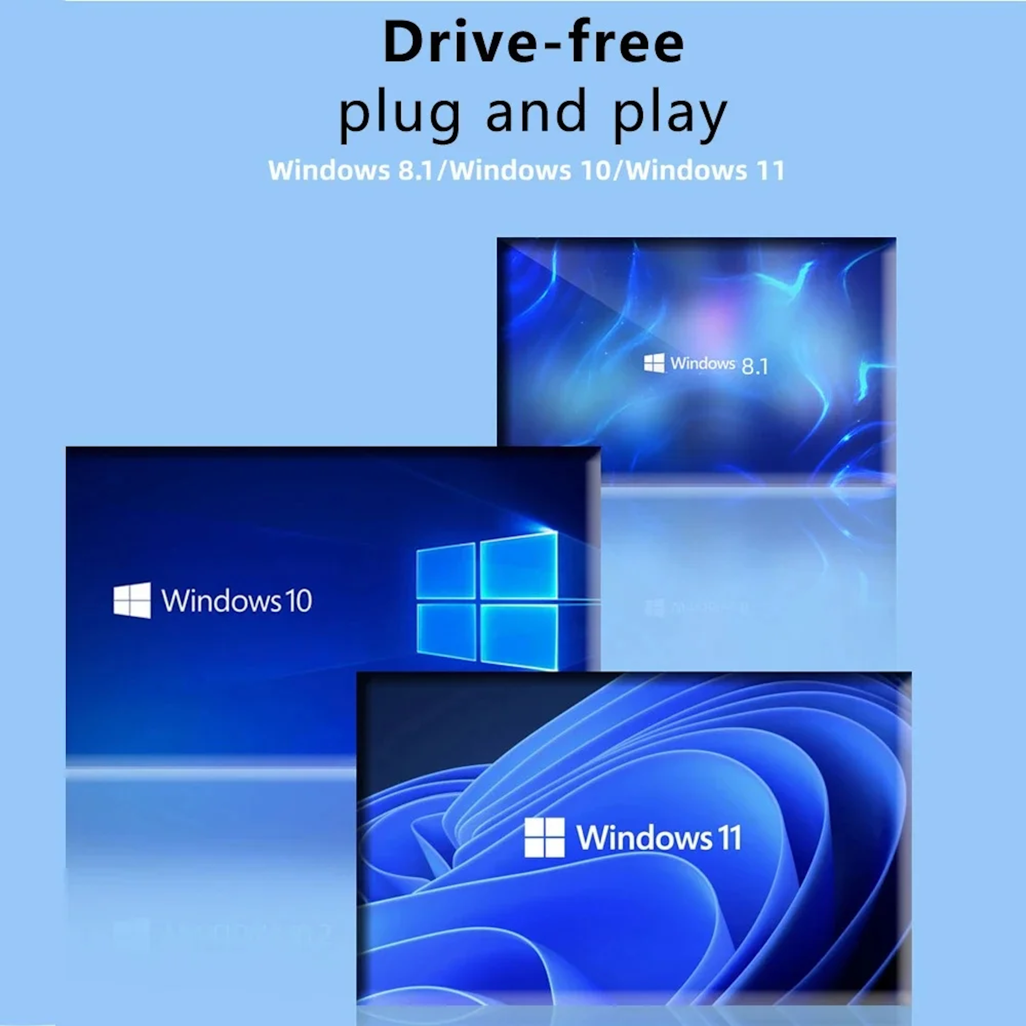Captures d'écran de Windows 8.1, 10 et 11 avec le texte 'Drive-free plug and play'.