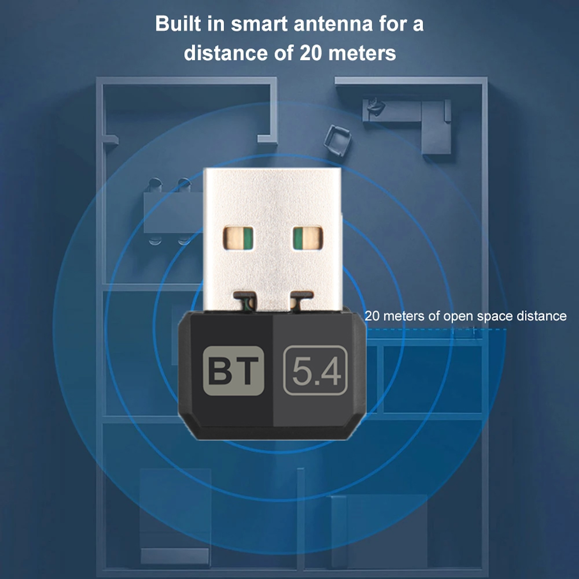 Adaptateur Bluetooth USB avec une zone bleue montrant la portée de 20 mètres.