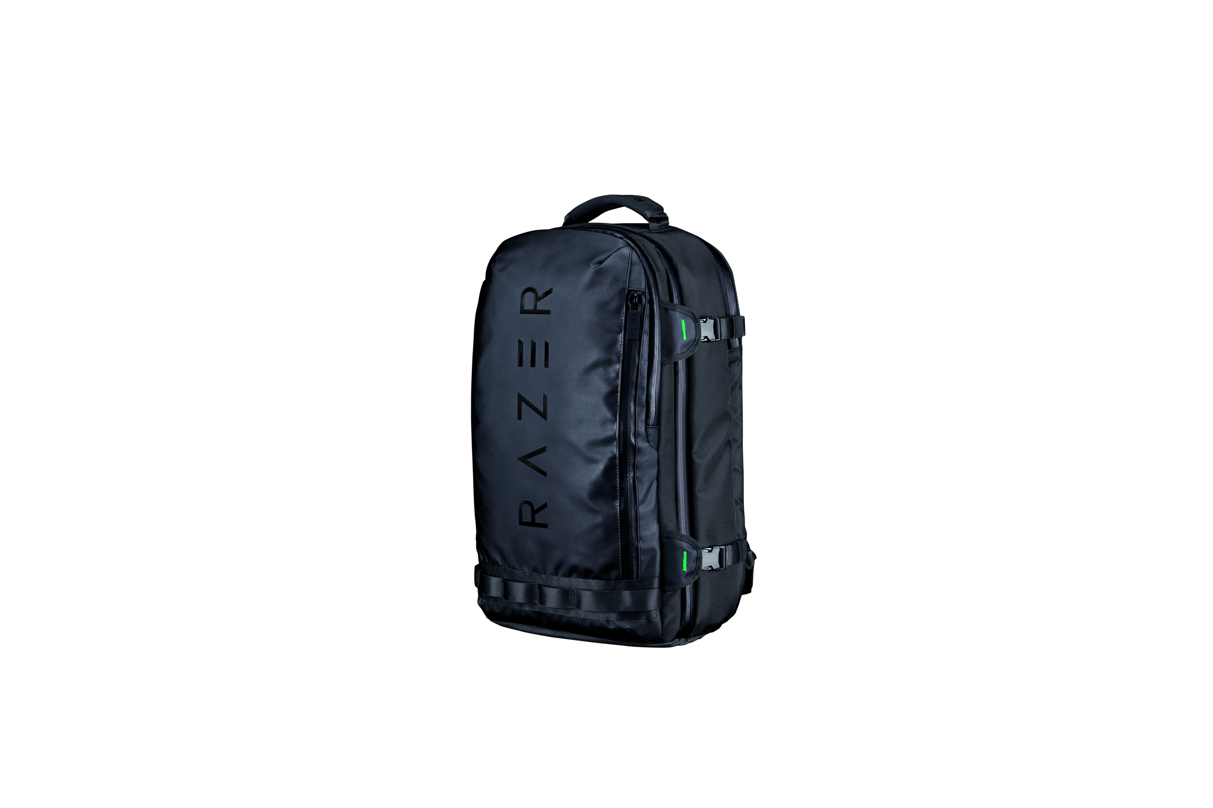Black Razer backpack with Razer logo. It has a top handle and multiple straps.