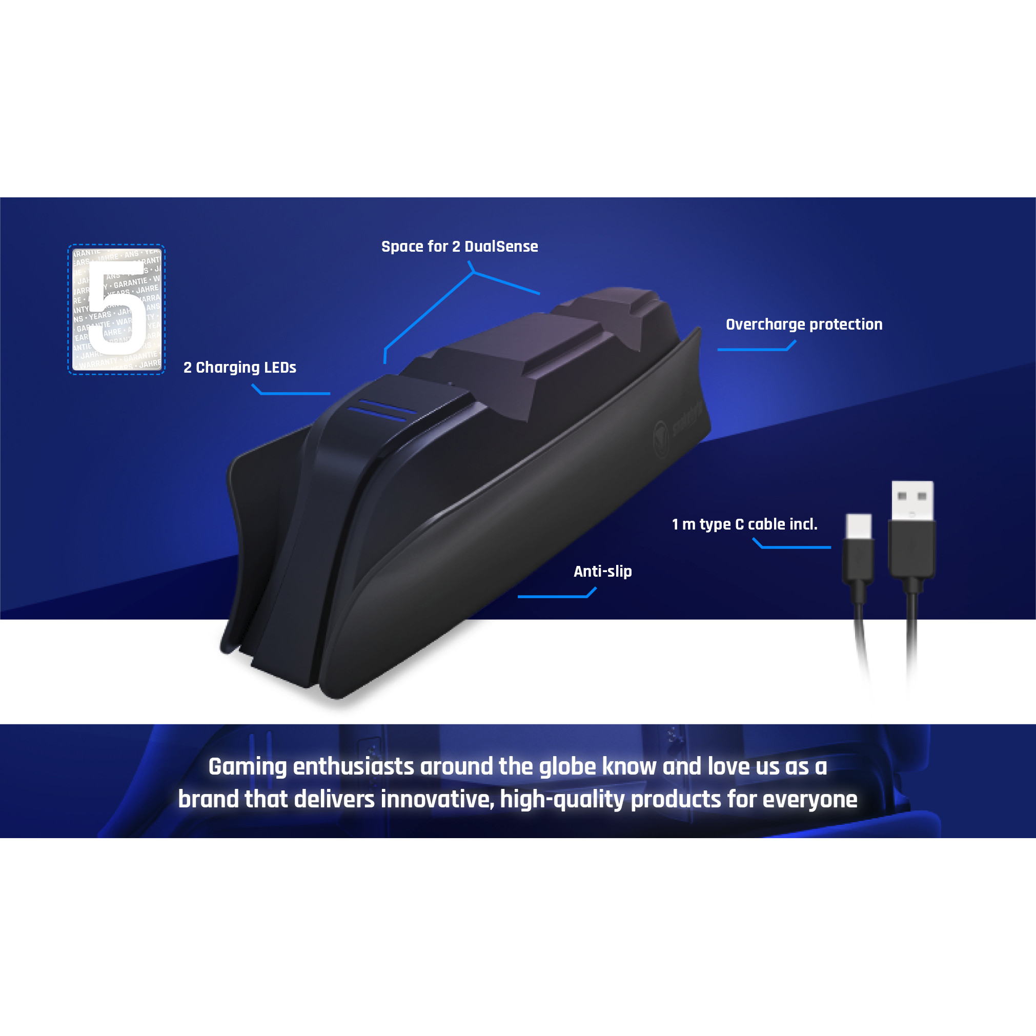 Zwart oplaadstation met blauwe accenten. Voorzien van oplaad-LED's en een USB-C-kabel. Tekst belicht functies.