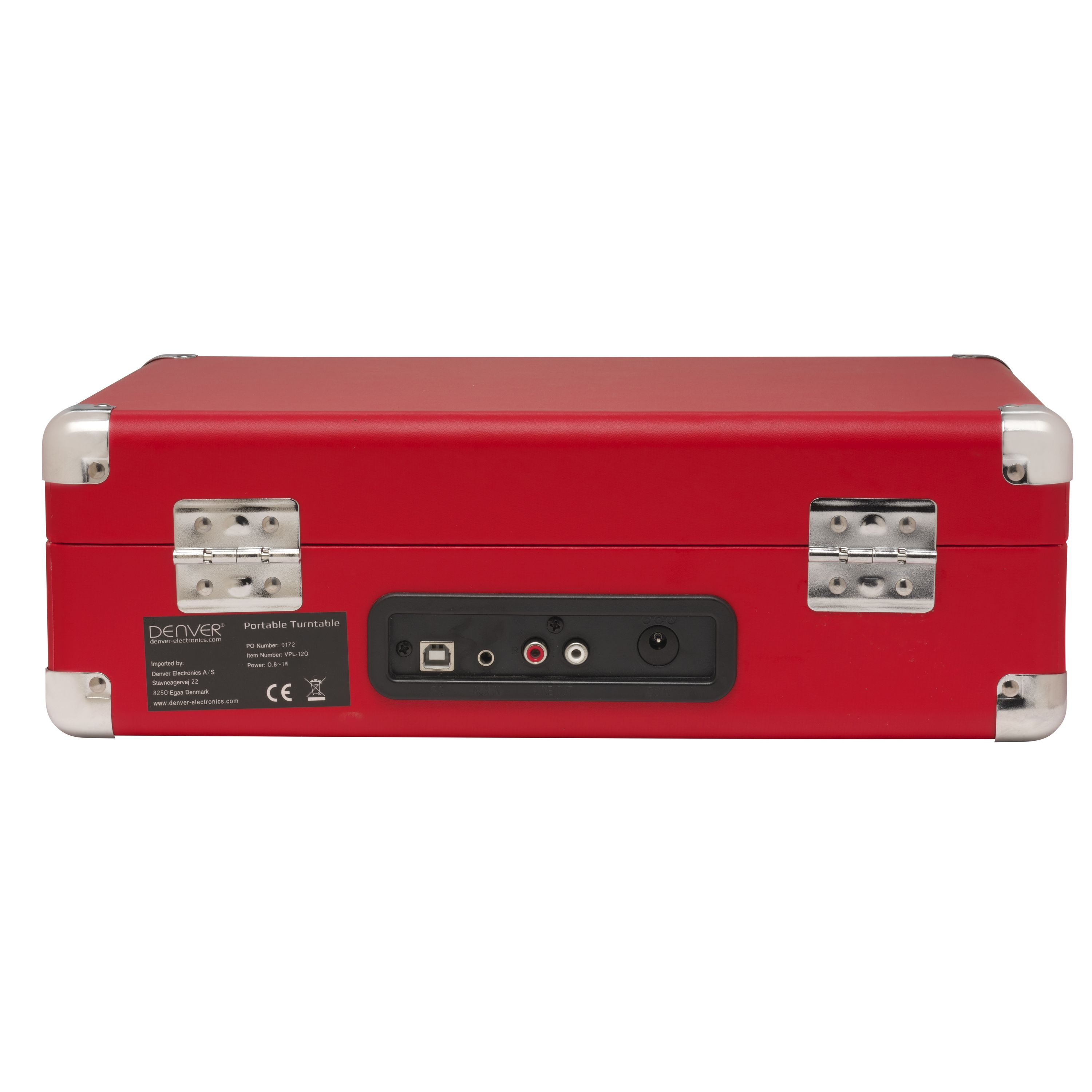 Un tocadiscos portátil rojo, con detalles plateados y un panel trasero negro.