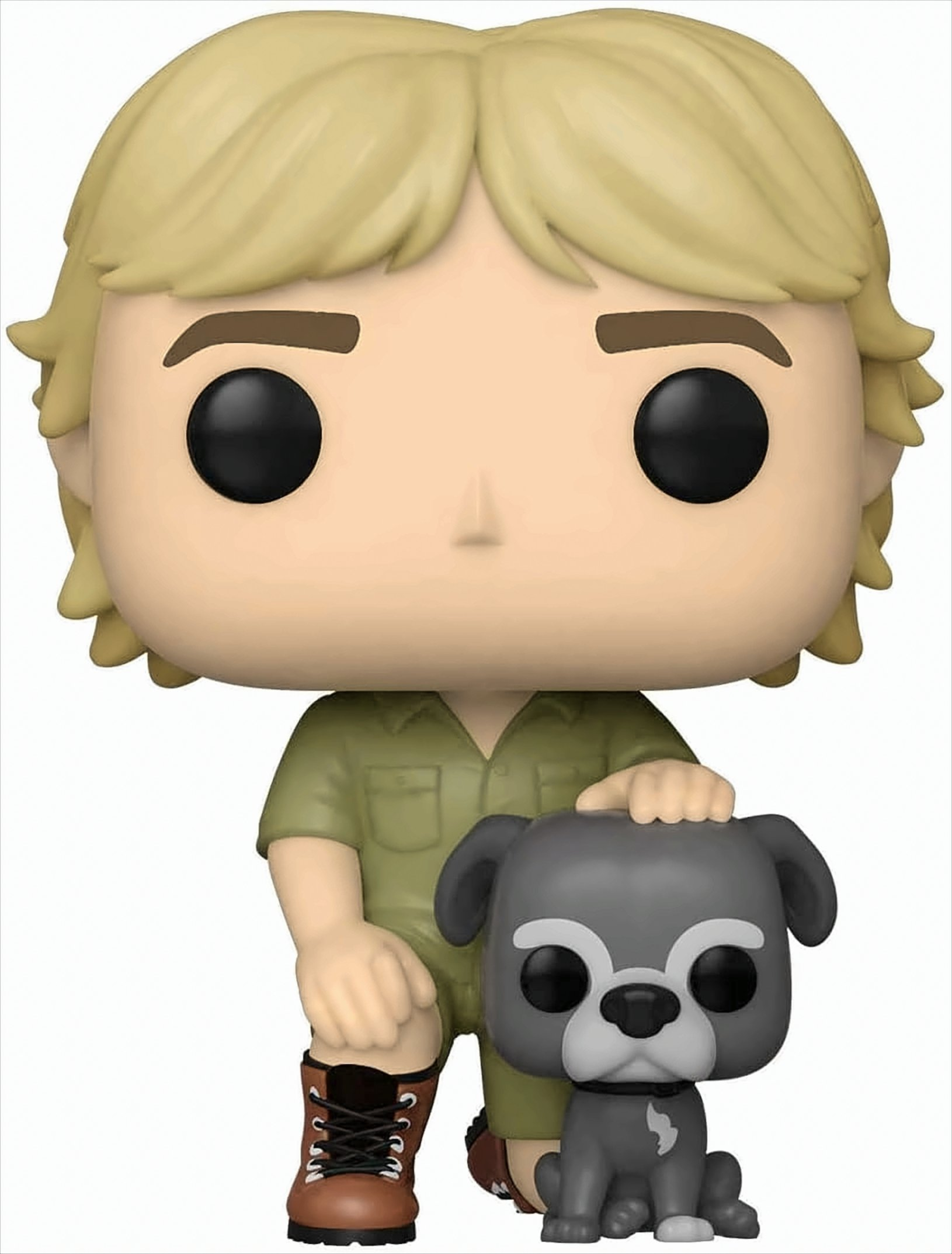 Eine Funko Pop Figur eines Mannes in grüner Uniform, der einen grauen Hund hält, auf weißem Hintergrund.