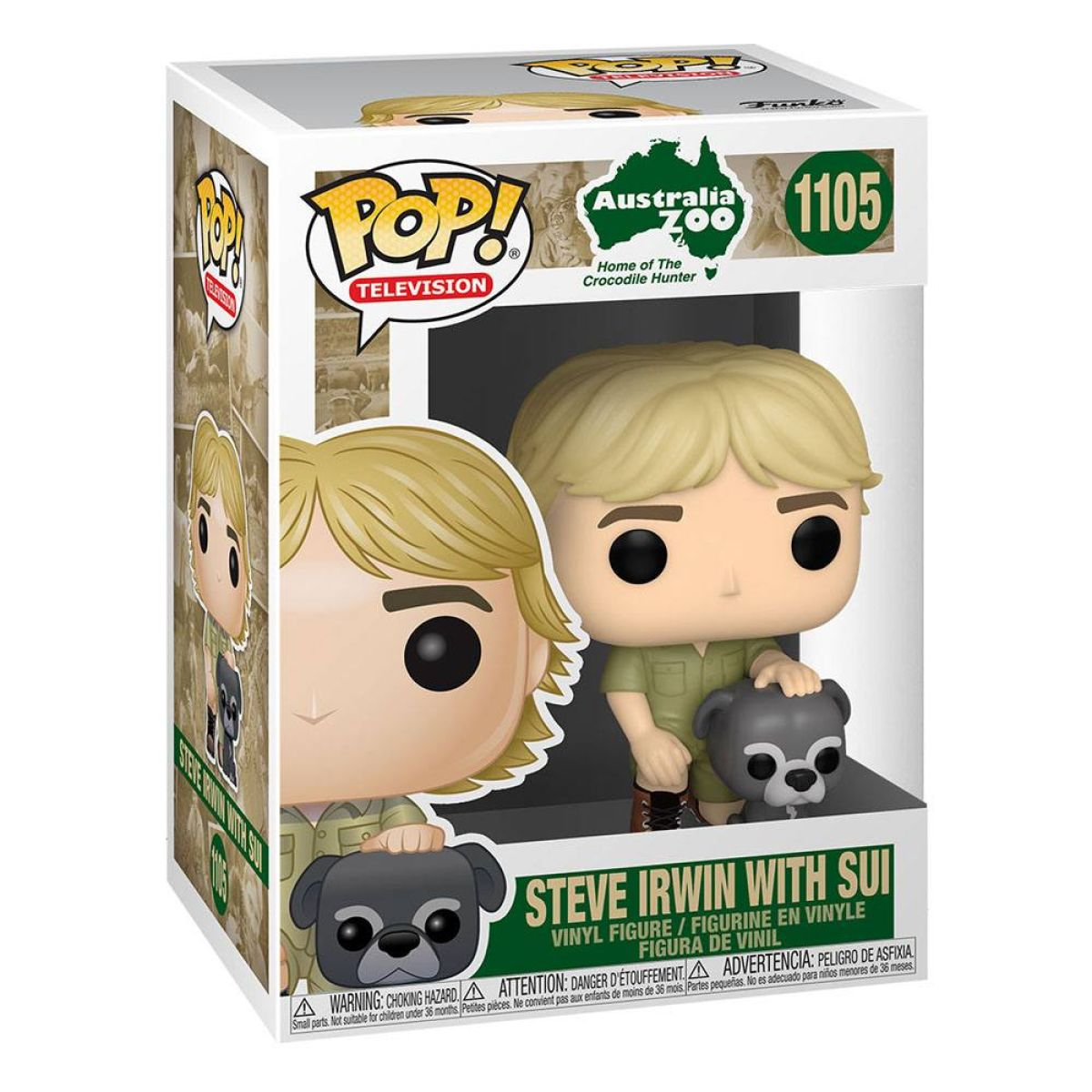 Steve Irwin und eine Spielfigur. Die Figur befindet sich in einer Box. Auf der Box steht 'Australia Zoo'.