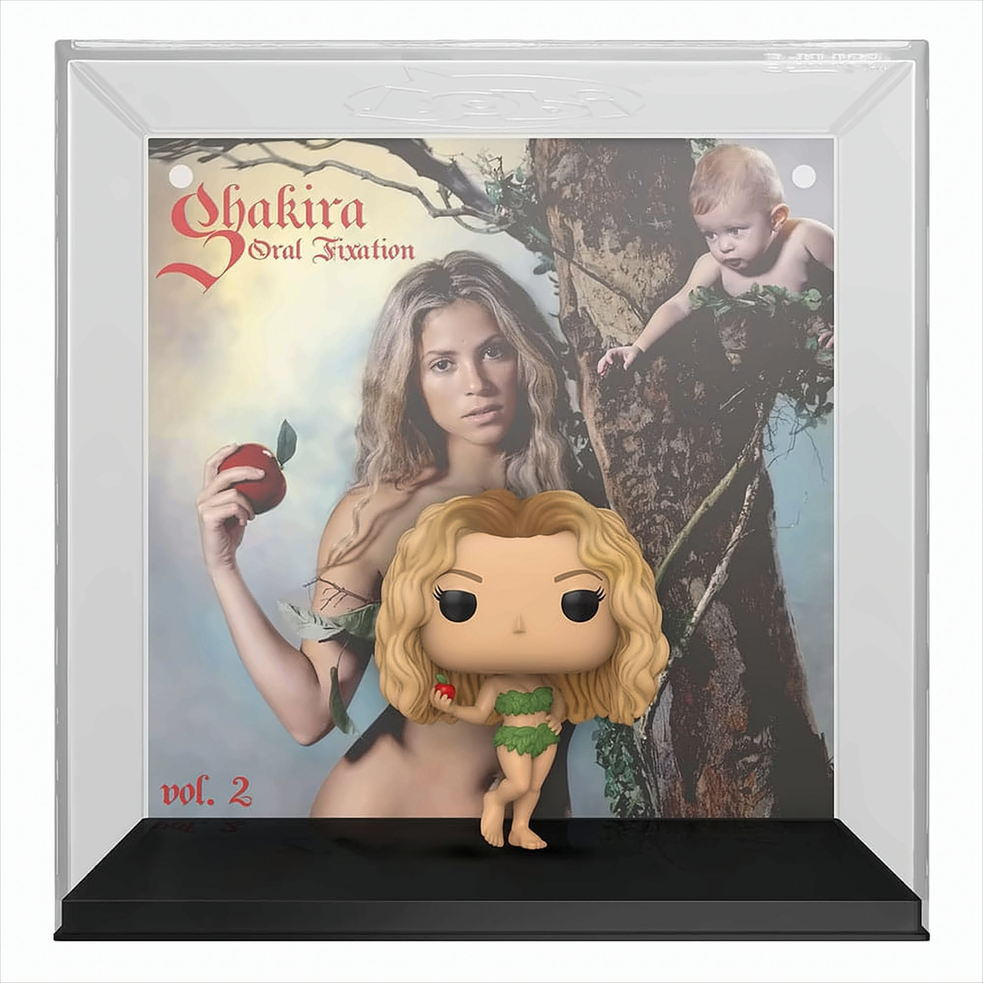 Figura Funko Pop de Shakira sobre una base. El fondo es la portada del álbum Oral Fixation Vol. 2.