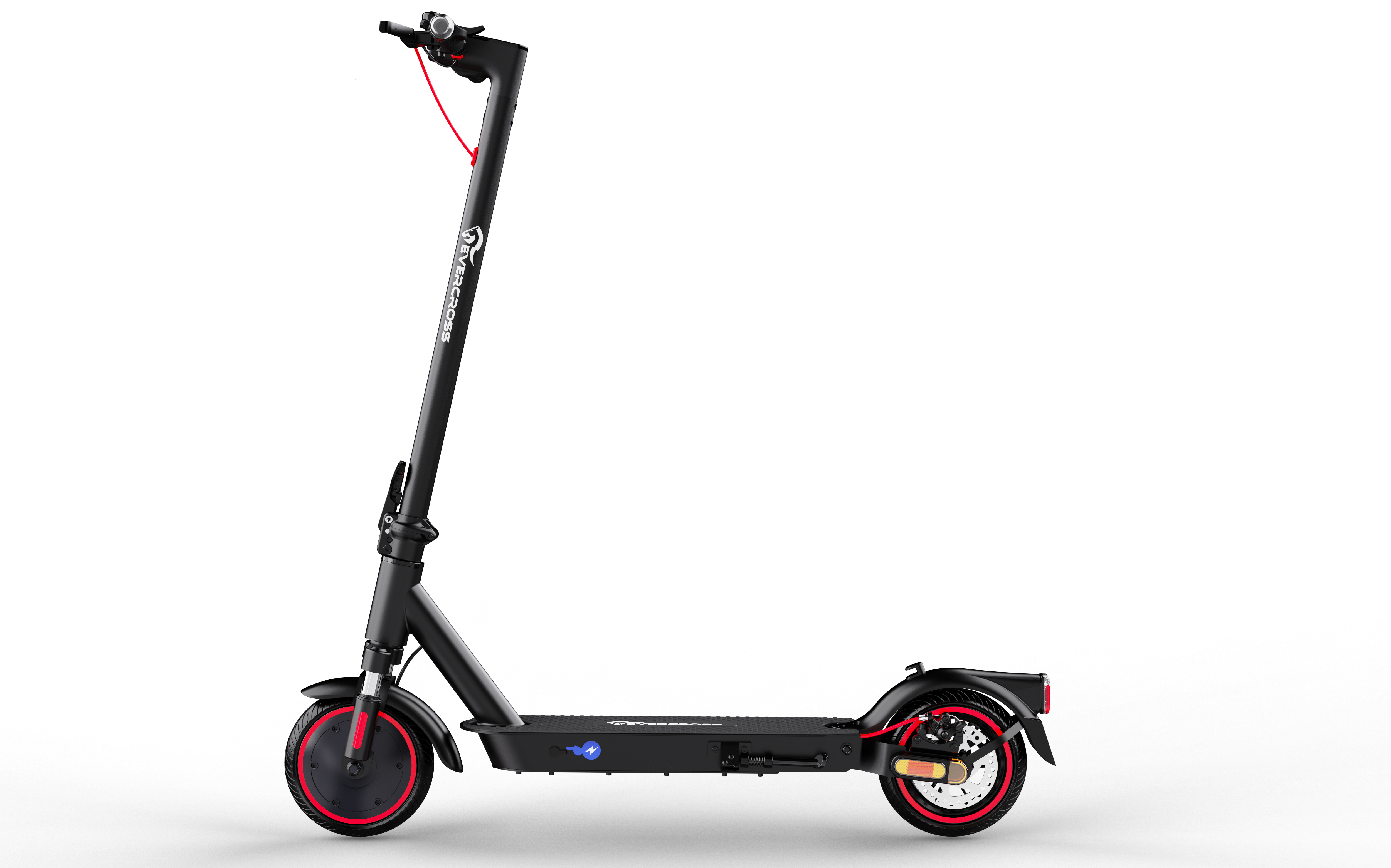 Scooter elettrico nero con ruote rosse. Lo scooter è su una superficie scura.