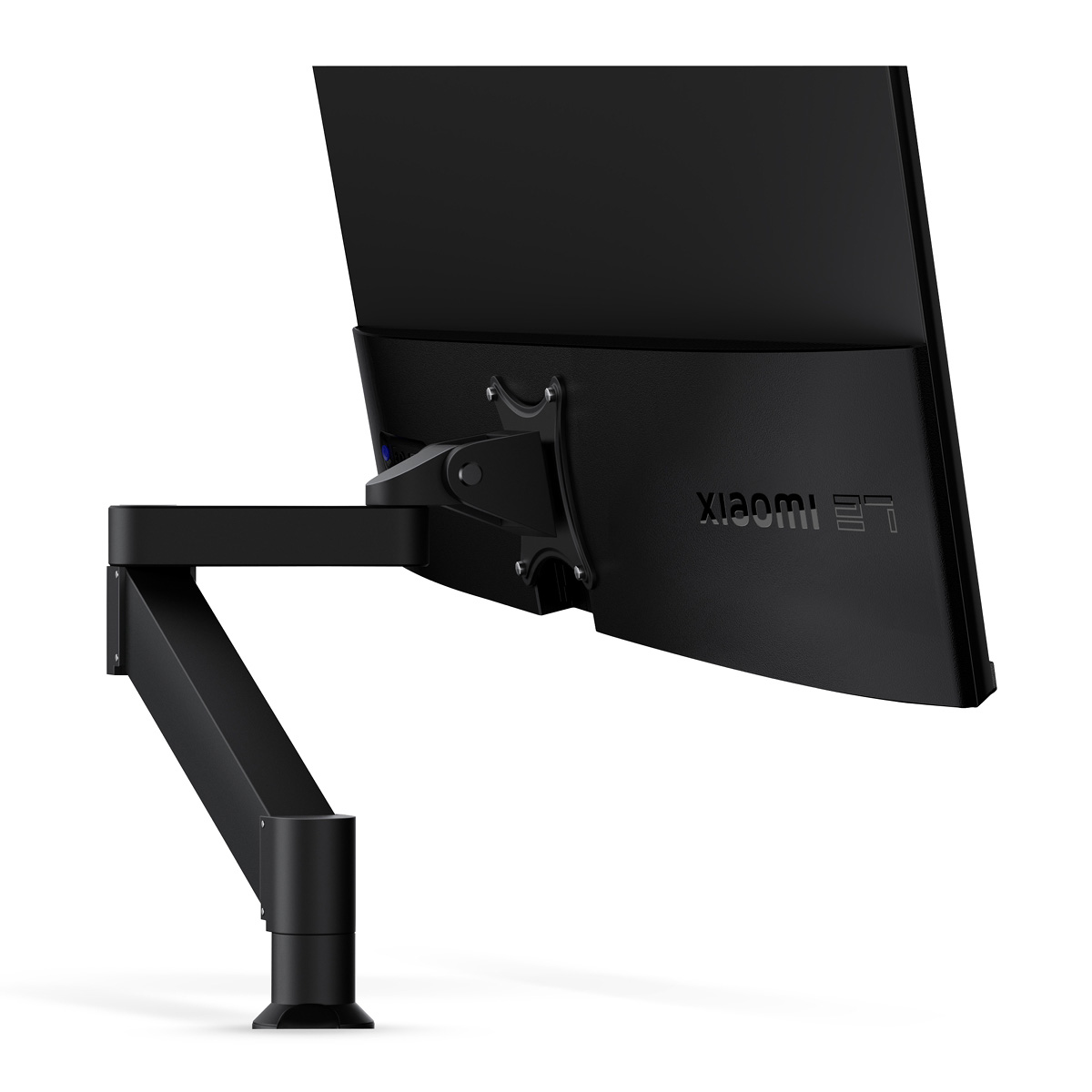 Czarny uchwyt monitora przymocowany do zakrzywionego czarnego monitora. Widoczne logo Xiaomi.