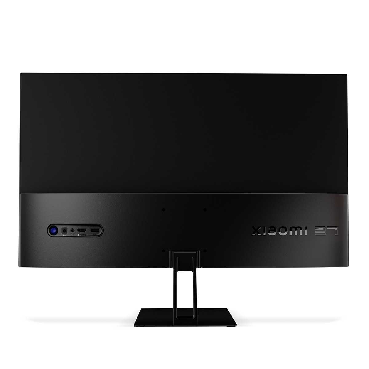 Czarny monitor komputera z tyłem skierowanym do widza, z portami i podstawą.