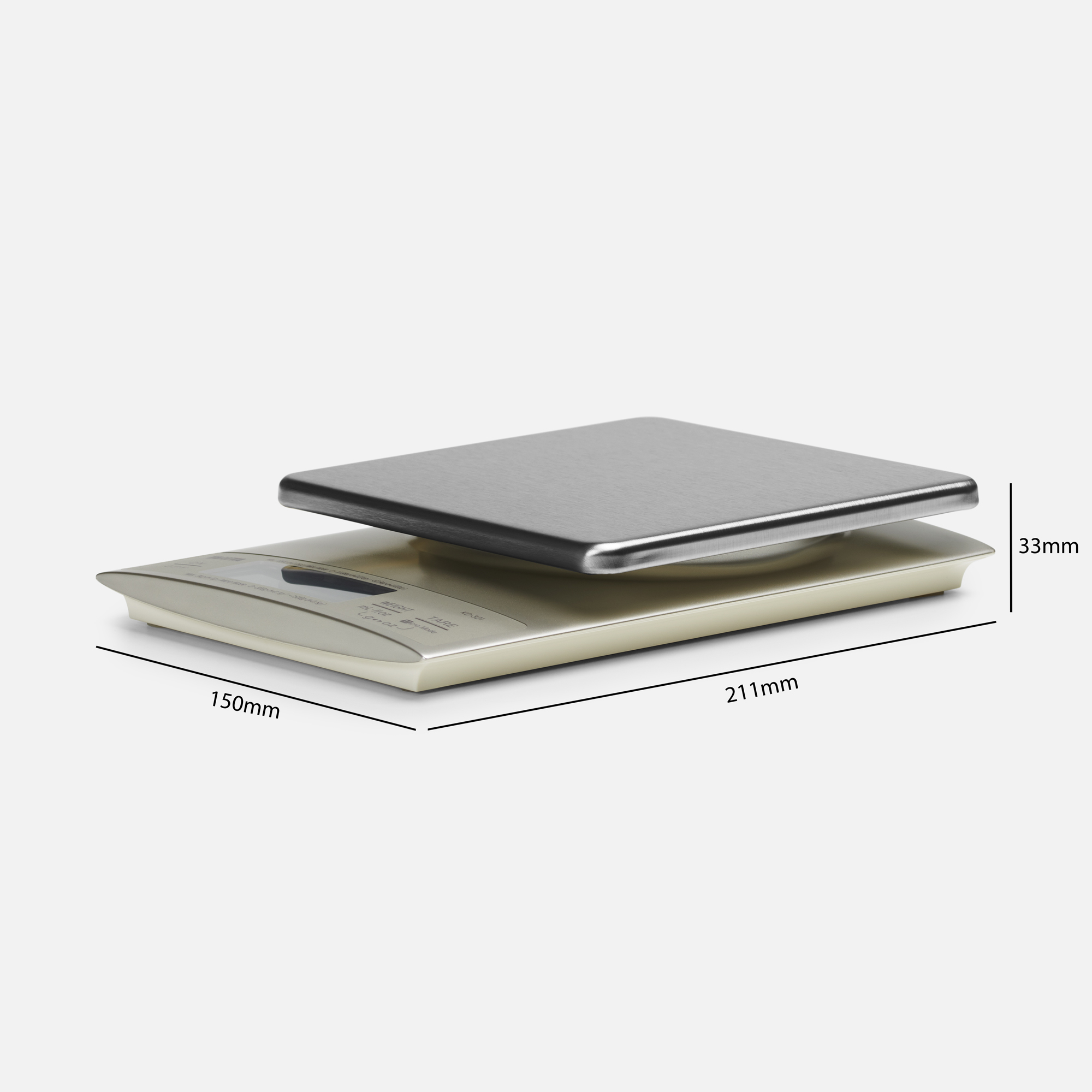 Een zilveren en witte weegschaal met afmetingen in millimeters.