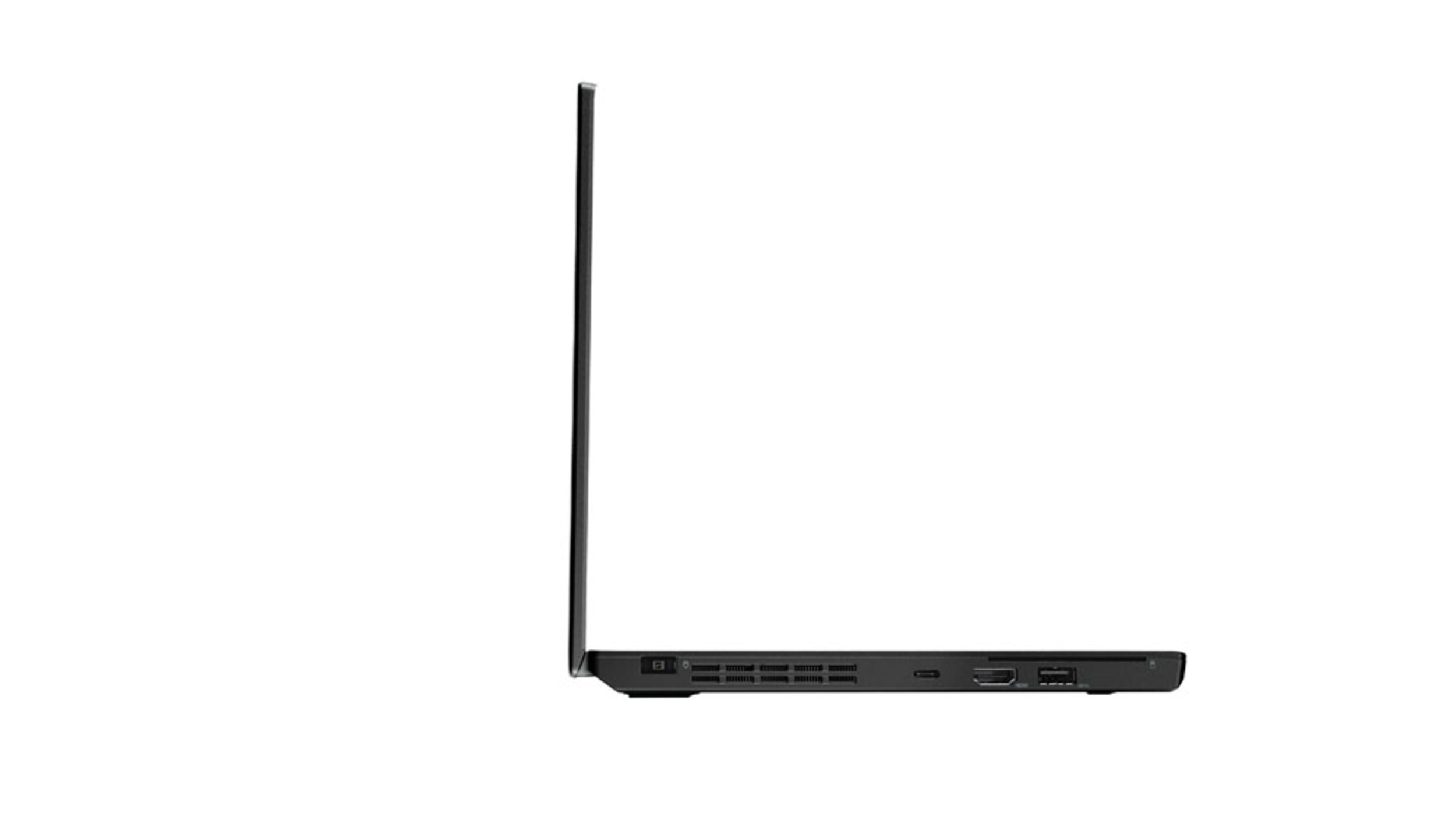 Schwarzer Laptop von der Seite, geschlossen, mit sichtbaren Anschlüssen.