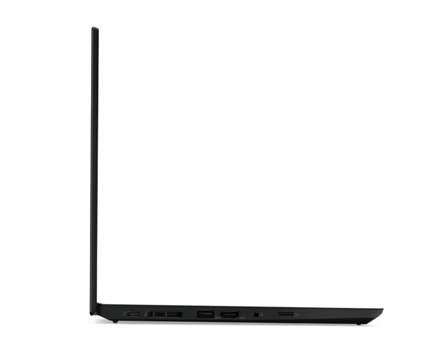 Ein schwarzer Laptop im Profil, der die Seitenansicht mit Anschlüssen und geschlossenem Bildschirm zeigt.