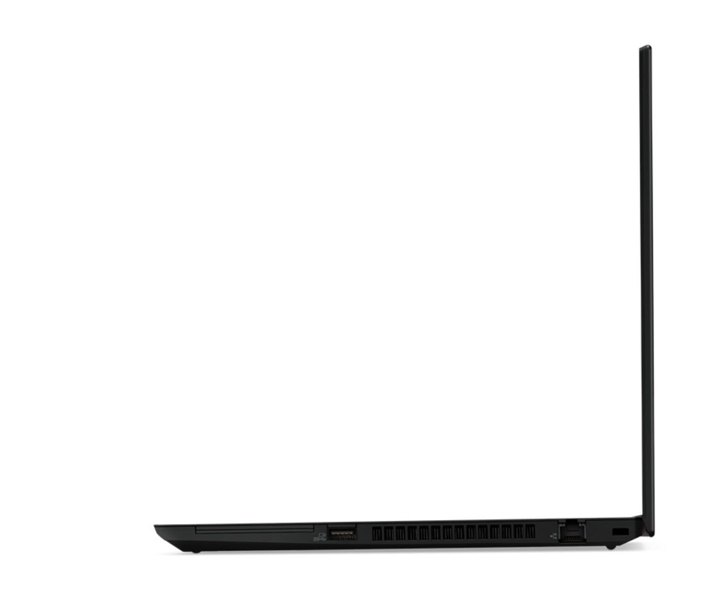 Seitenansicht eines schwarzen Laptops auf weißem Hintergrund, mit Profilansicht.
