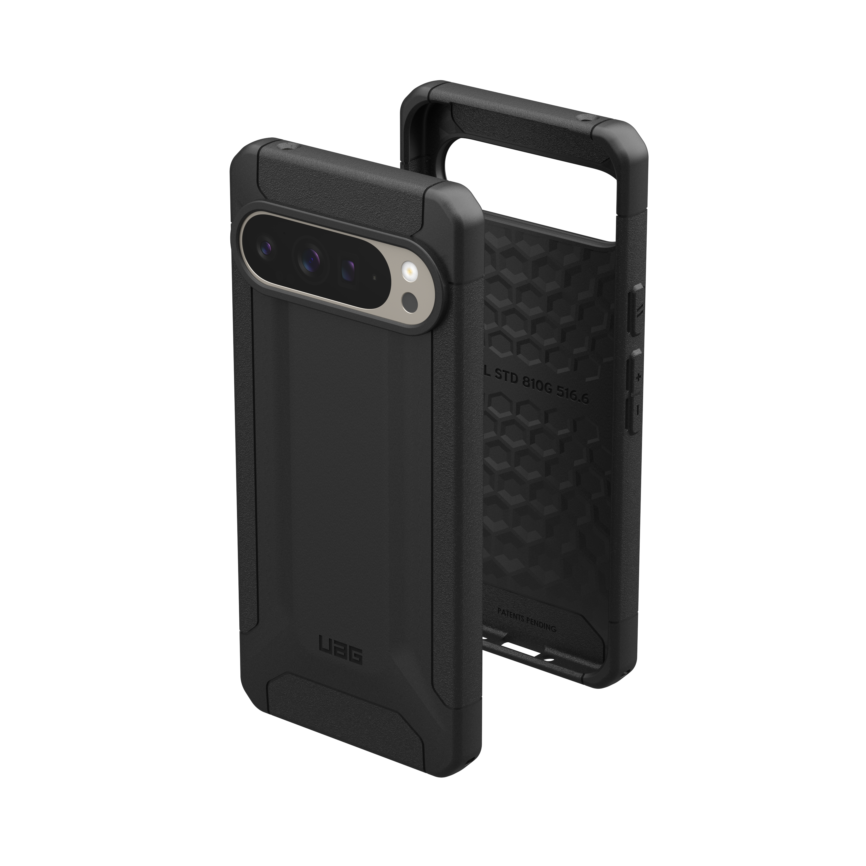 Zwei schwarze Handyhüllen, eine offen, mit strukturiertem Design und Kameraaussparung.