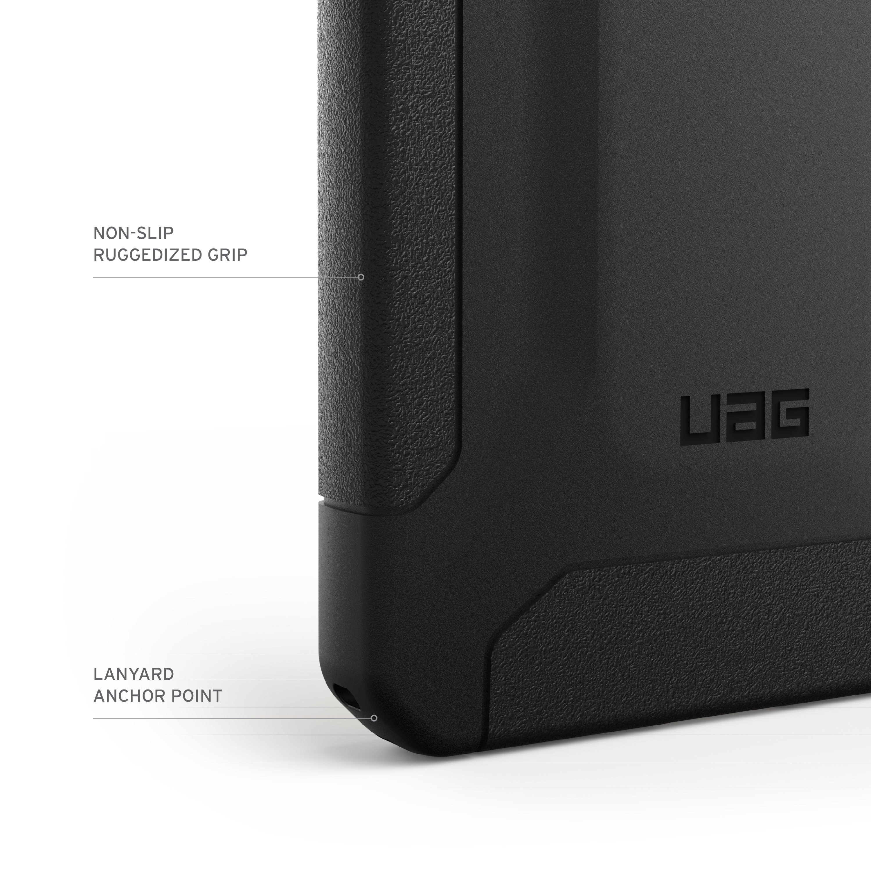Eine Ecke eines schwarzen UAG-Produkts mit dem Text "NON-SLIP RUGGEDIZED GRIP" und "LANYARD ANCHOR POINT".