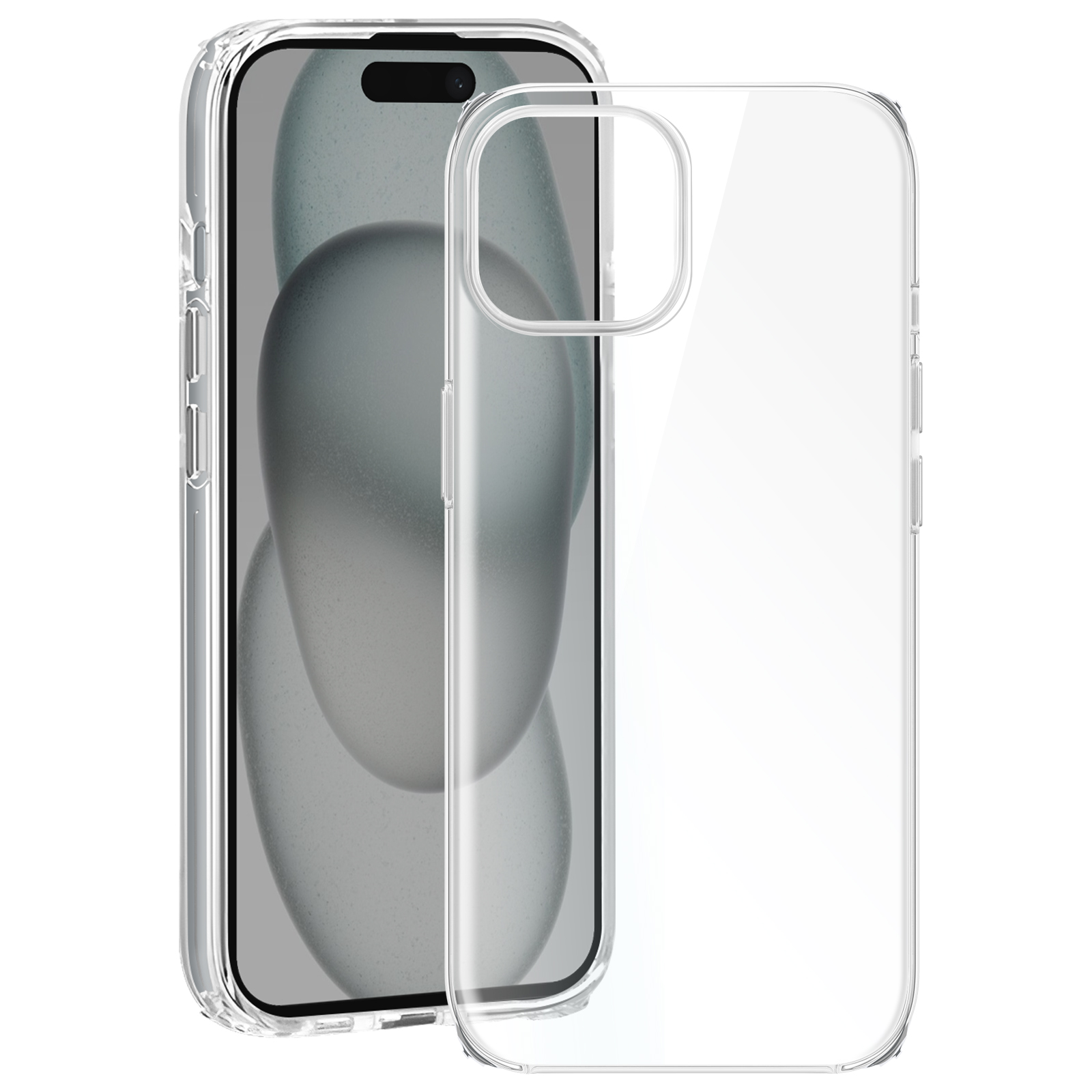 Coque de téléphone transparente avec un téléphone à l'intérieur. Plastique transparent, écran de téléphone visible.