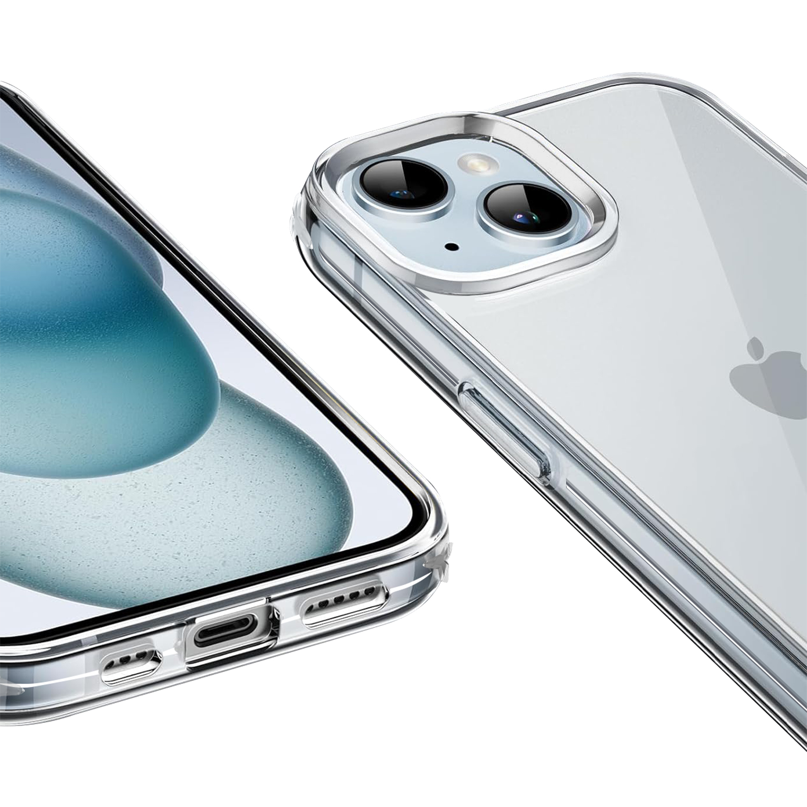 Gros plan sur une coque de téléphone transparente. Elle entoure un téléphone avec deux caméras et le logo Apple.