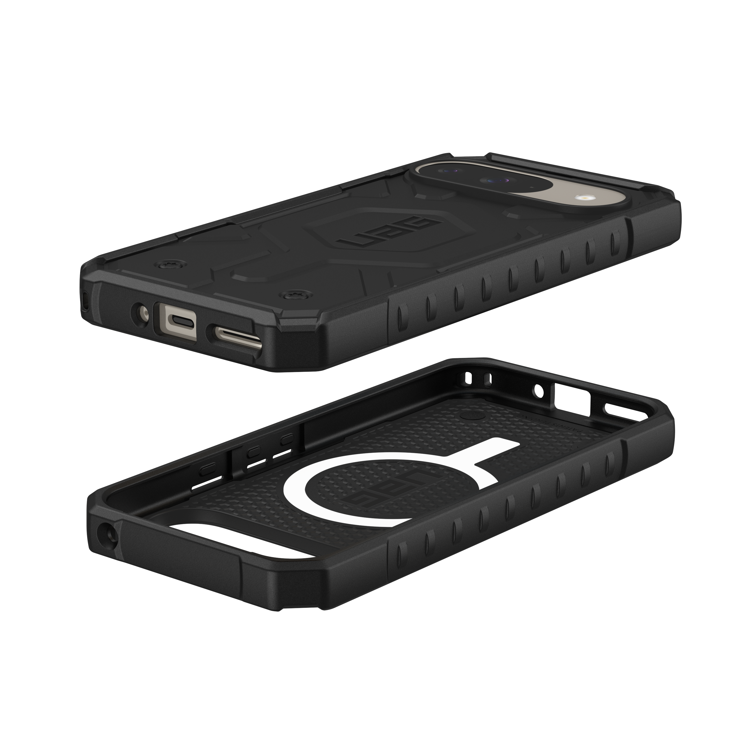 Black phone case in two parts. The phone case has a rugged design.
