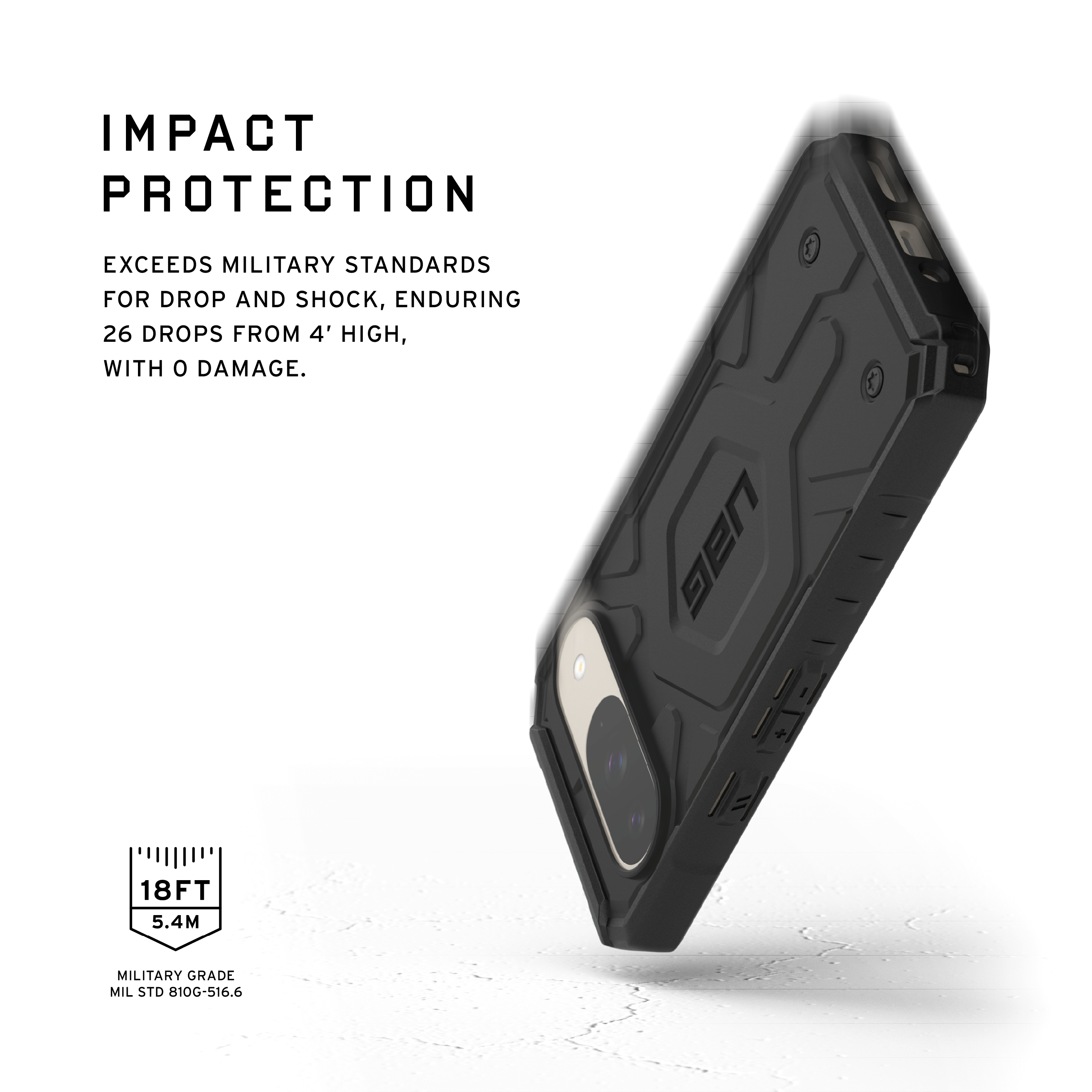 A black phone case with the UAG logo, isolated on black background, angled view.