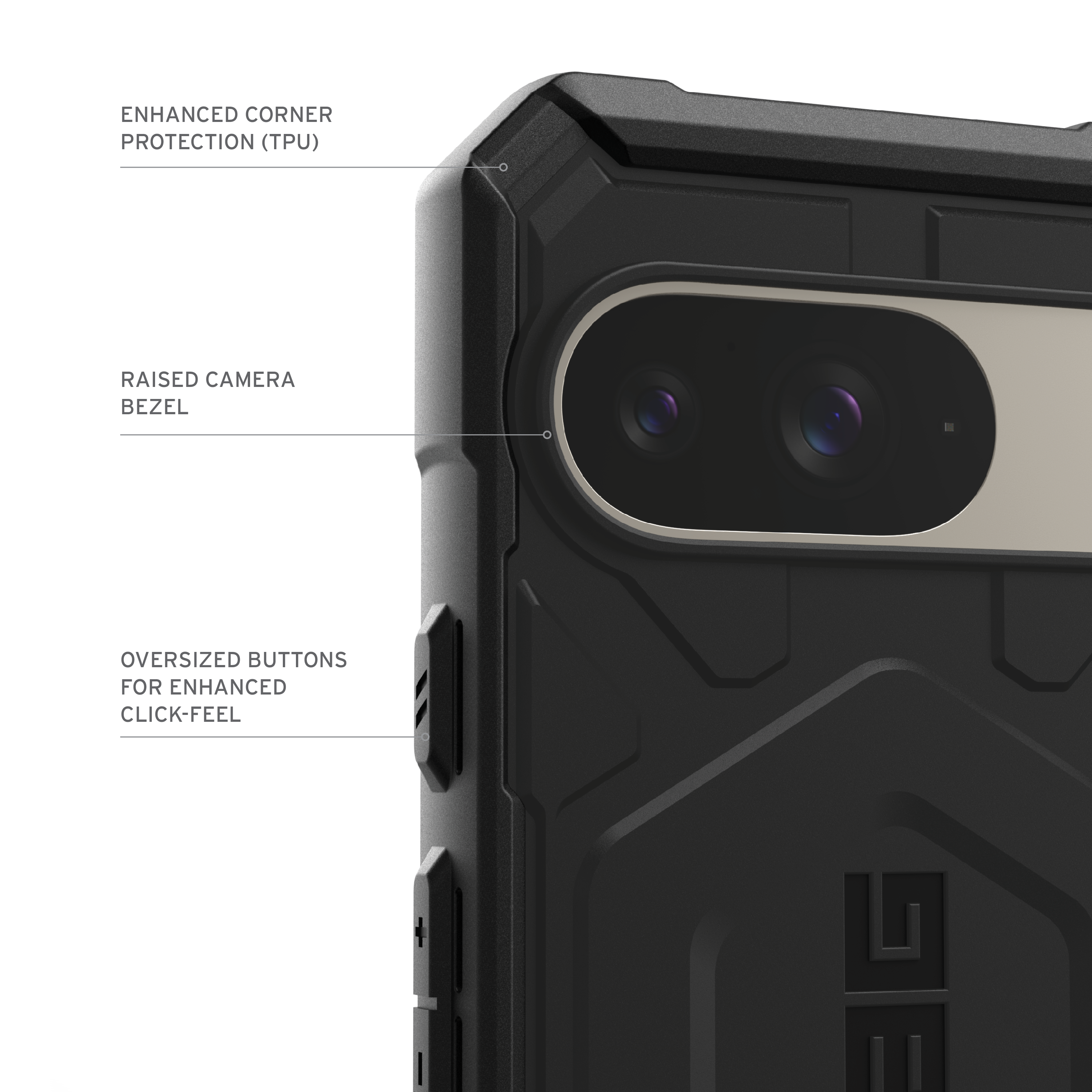 Black phone case with labels for enhanced corner protection, raised camera bezel, and buttons.