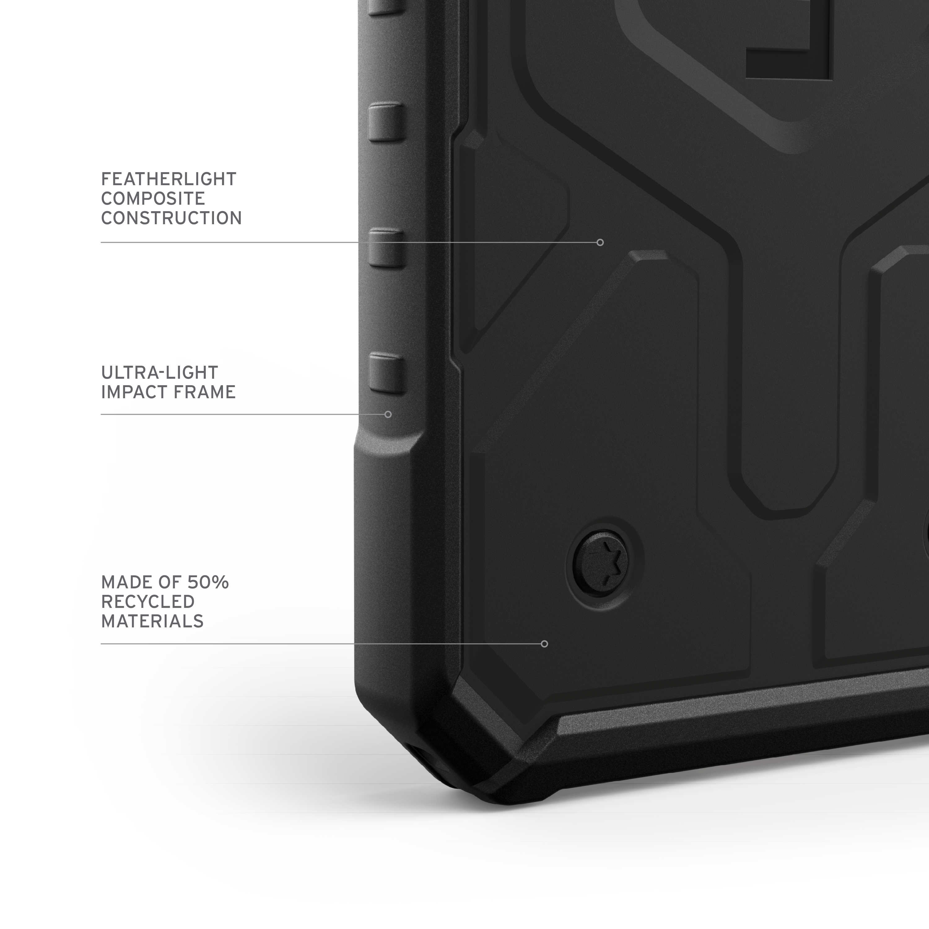 A black phone case showing details. Text reads "Featherlight composite construction", "Ultra-light impact frame".