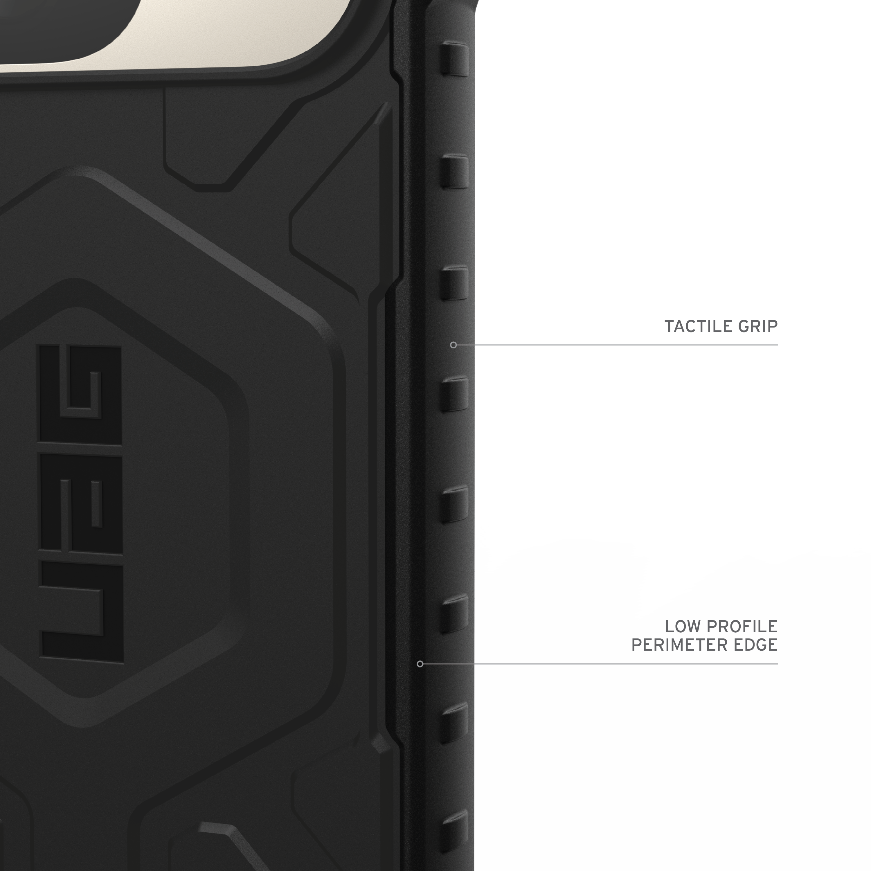 Close-up of a black phone case with a UAG logo and textured edges.