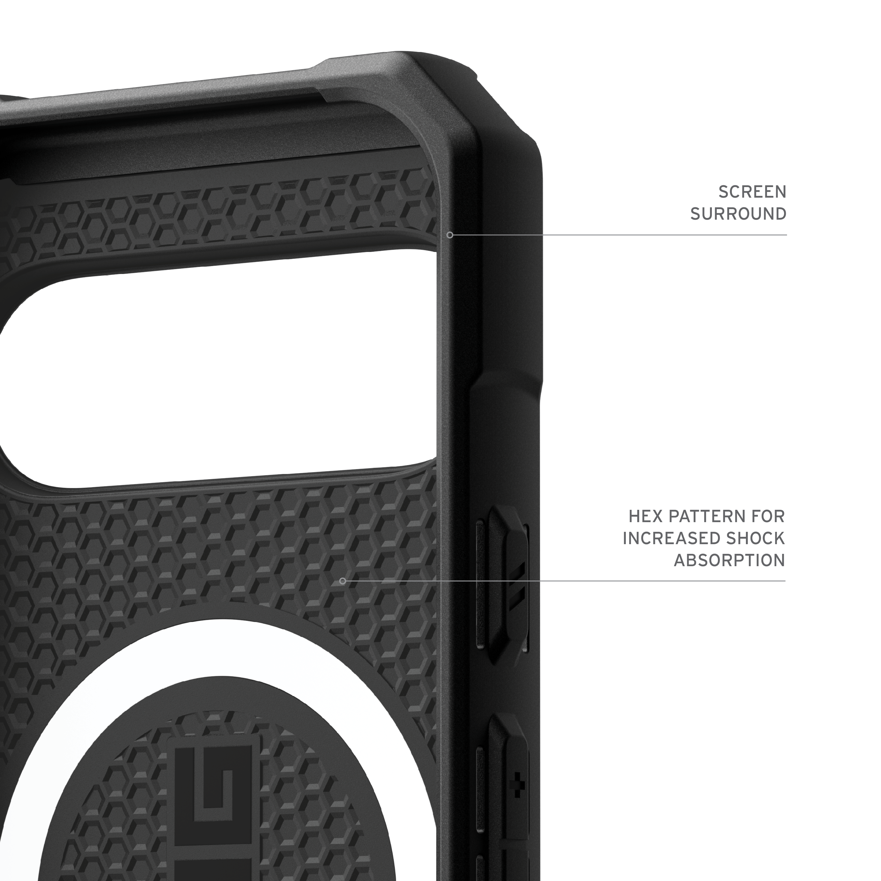 Black phone case interior with text labels and hex pattern.