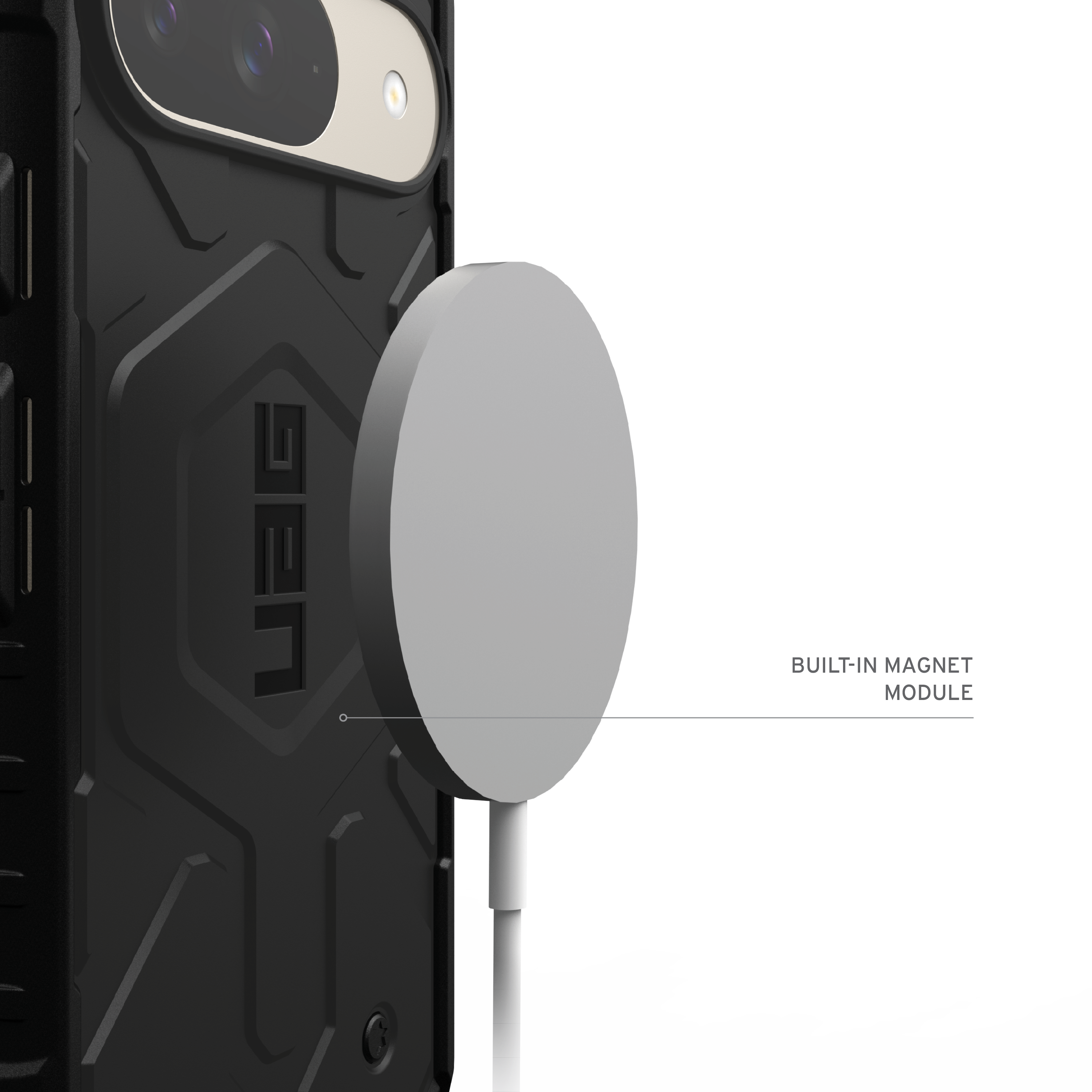 Black phone case with a built-in magnet module. A white charging disc is attached to the case.