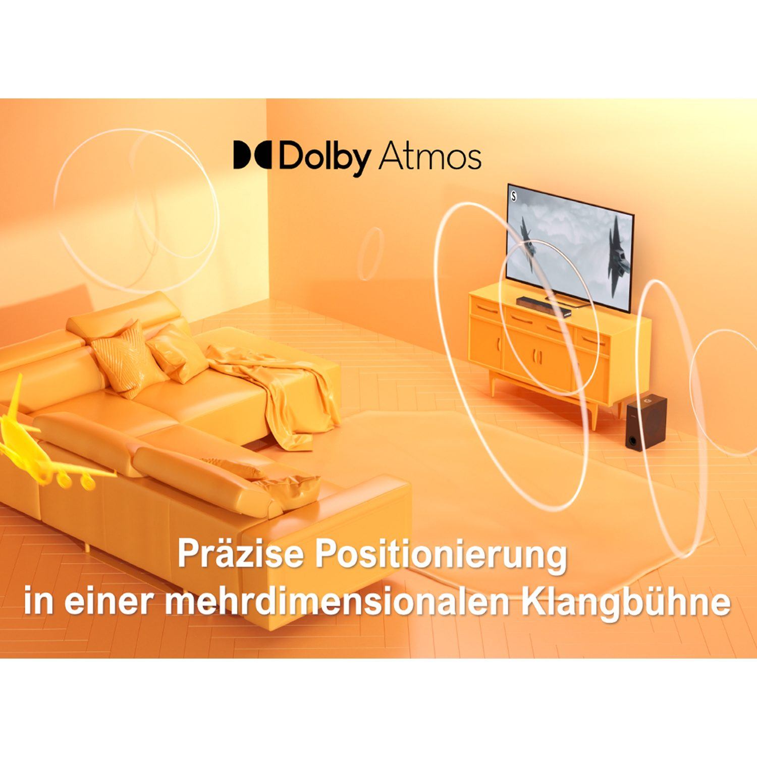 Ein modernes Wohnzimmer mit orangefarbenem Sofa, Fernseher und einem gelben Flugzeugmodell. Dolby Atmos Logo angezeigt.