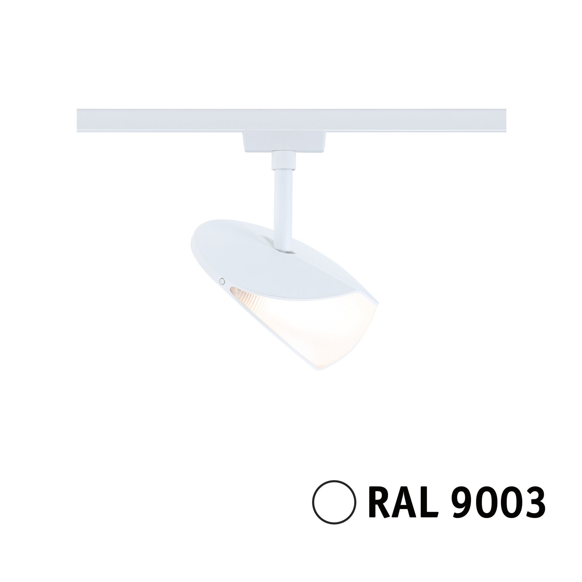 Ein weißer Strahler mit gebogenem Kopf, montiert auf einer weißen Schiene. RAL 9003 ist angegeben.
