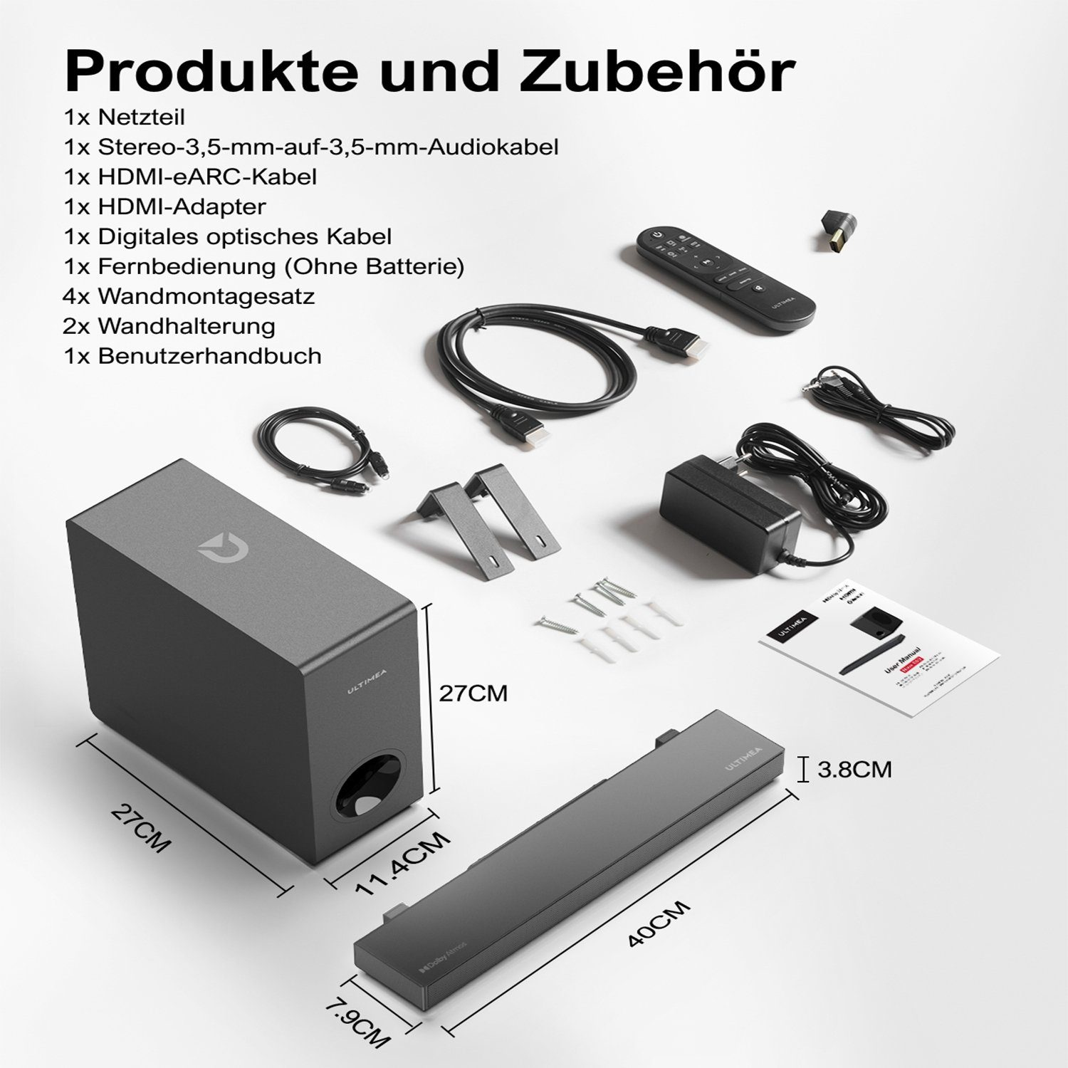 Verschiedenes elektronisches Zubehör, darunter ein Lautsprecher, Kabel und eine Fernbedienung.