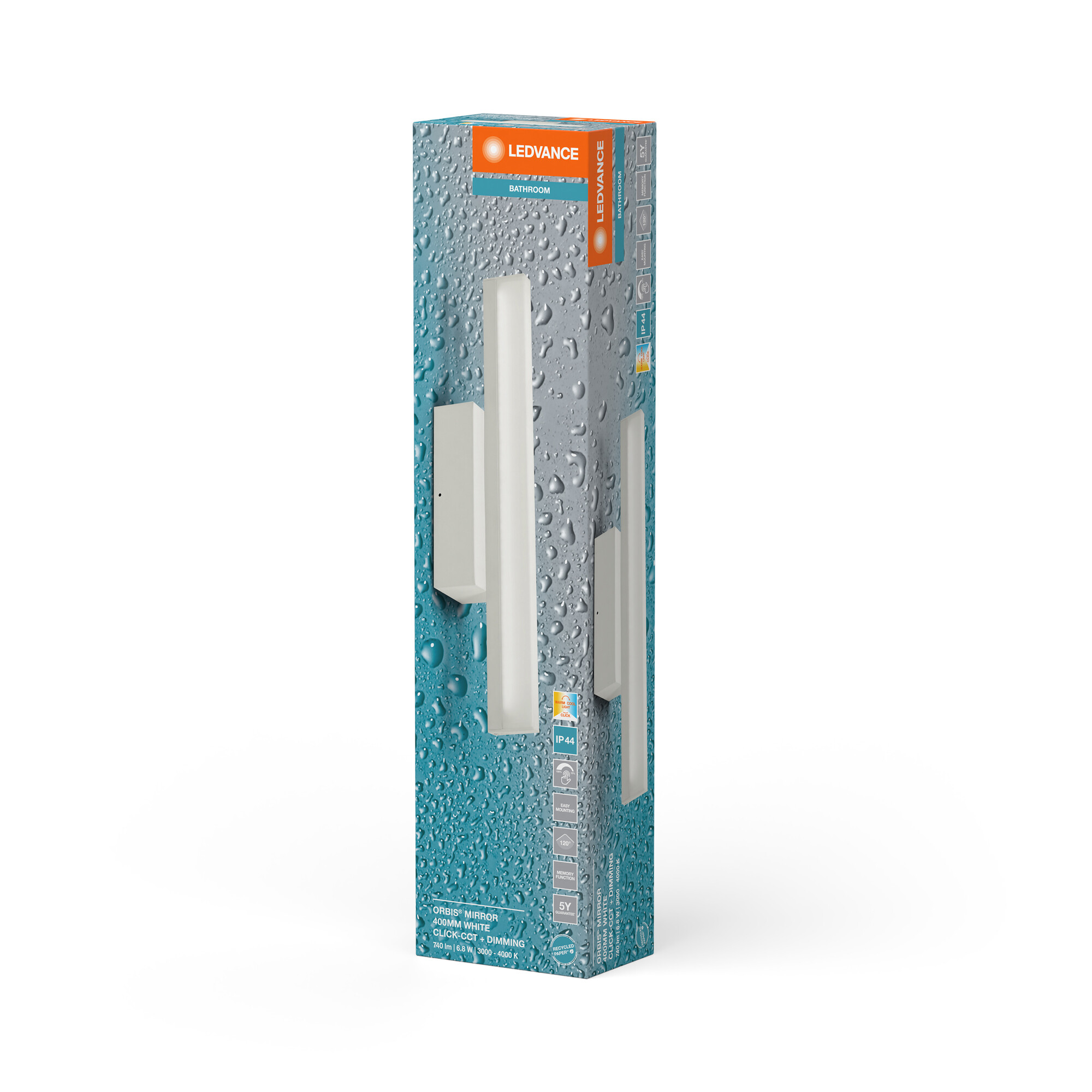 Eine hohe LEDVANCE-Box mit einer Badezimmerleuchte und Wassertropfen im Hintergrund.