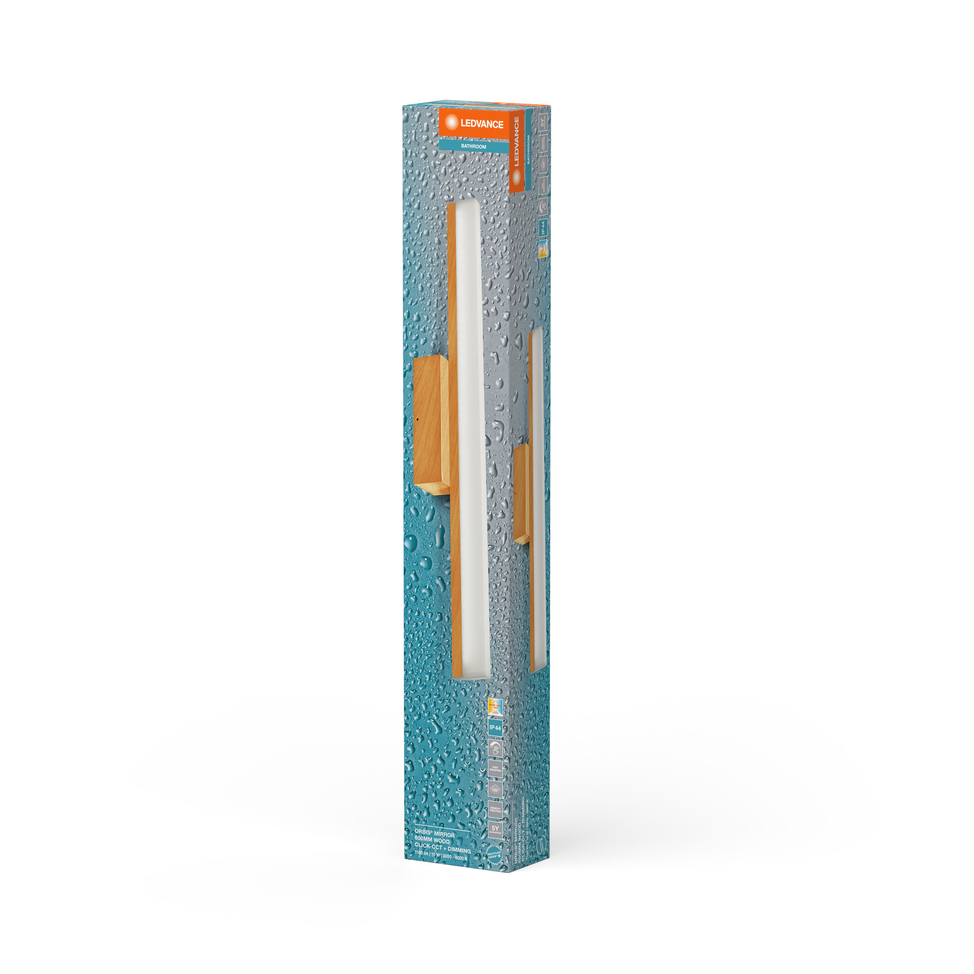 LEDVANCE-Leuchte in einer langen Box, mit Holzakzent und Wassertropfen-Design.