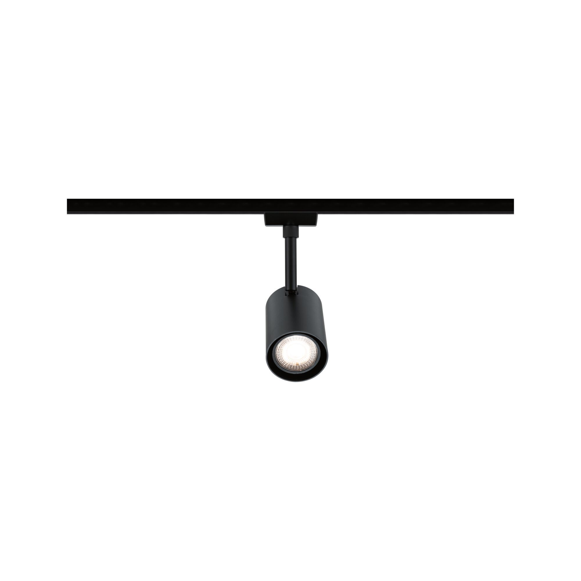Czarny reflektor szynowy. Światło jest cylindryczne i zamontowane na czarnej szynie.
